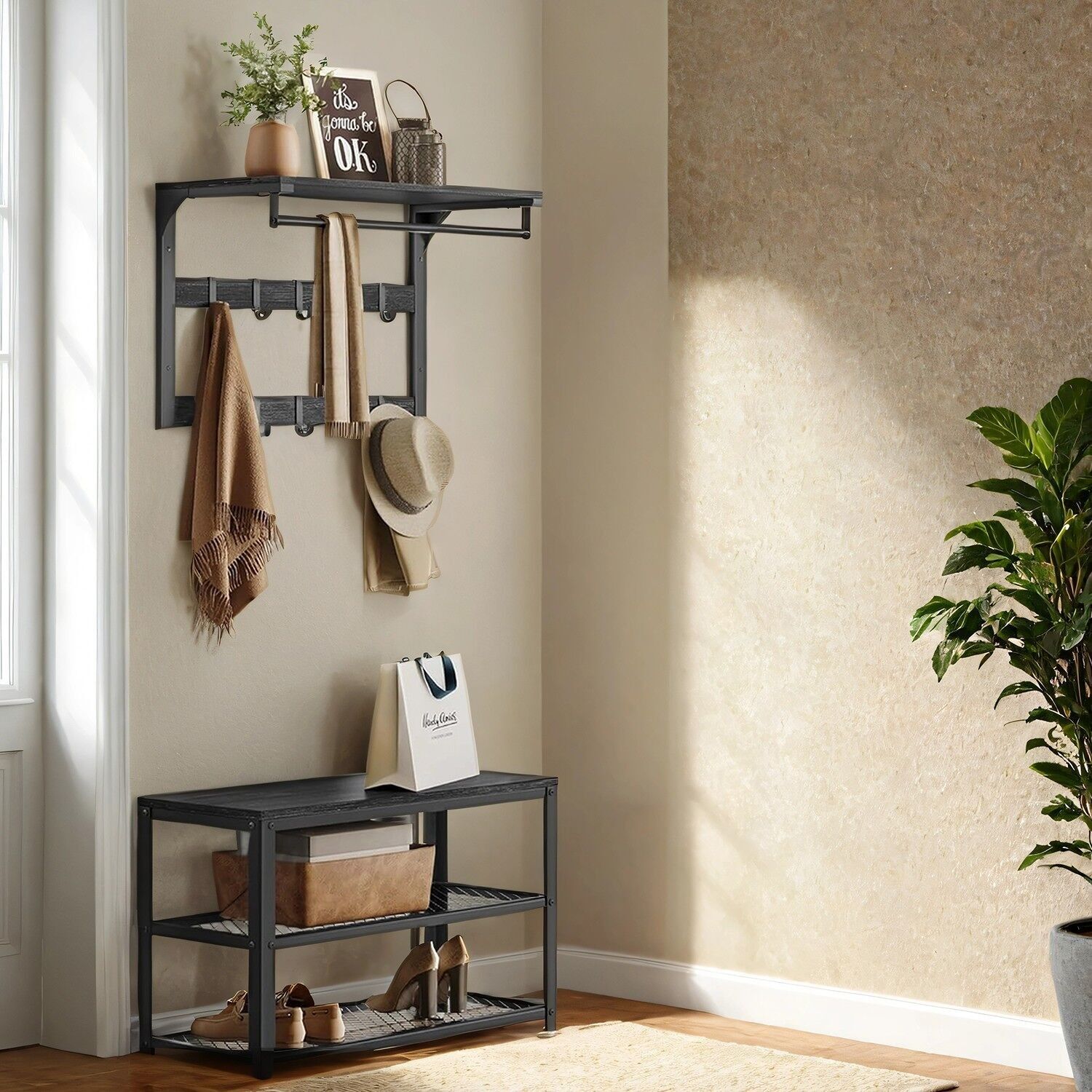 Appendiabiti da parete, con ripiano, barra a parete con 10 ganci rimovibili - 30 x 65 x 42 cm 2 pz.