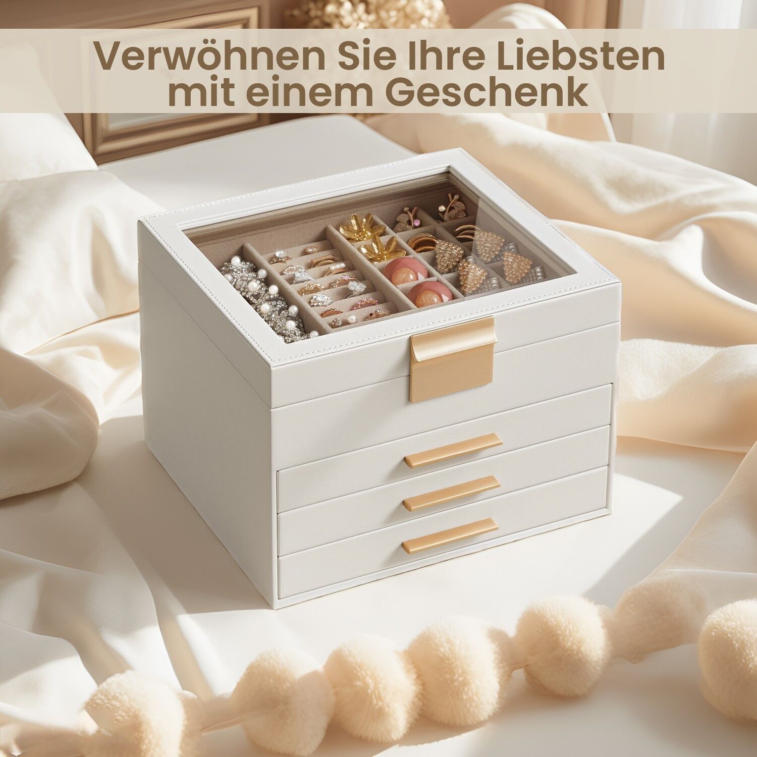 Portagioie, portagioie a 4 ripiani con coperchio in vetro - 20,3 x 23,1 x 16,5 cm