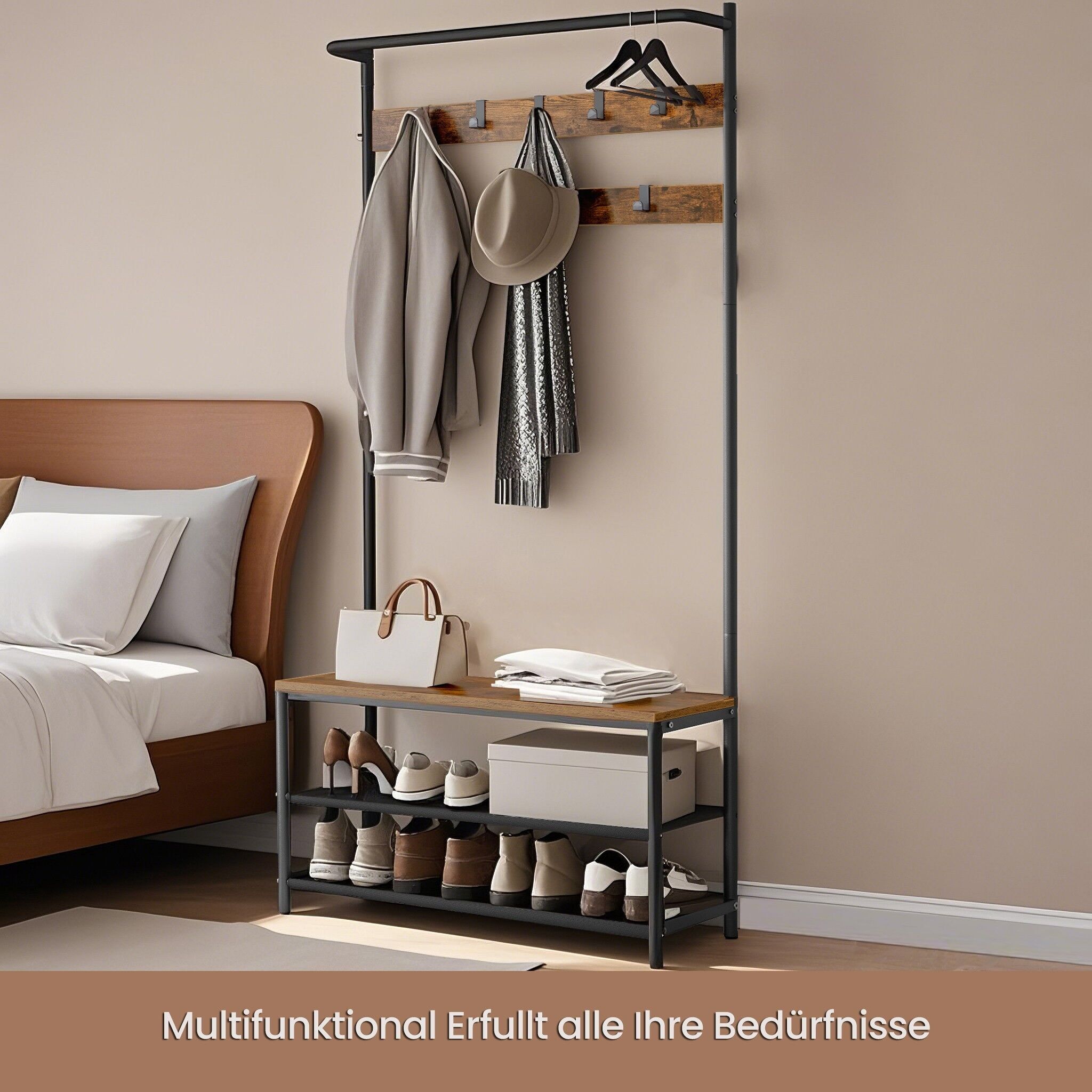 Appendiabiti, appendiabiti con panca portascarpe, appendiabiti - 32,2 x 84 x 180 cm