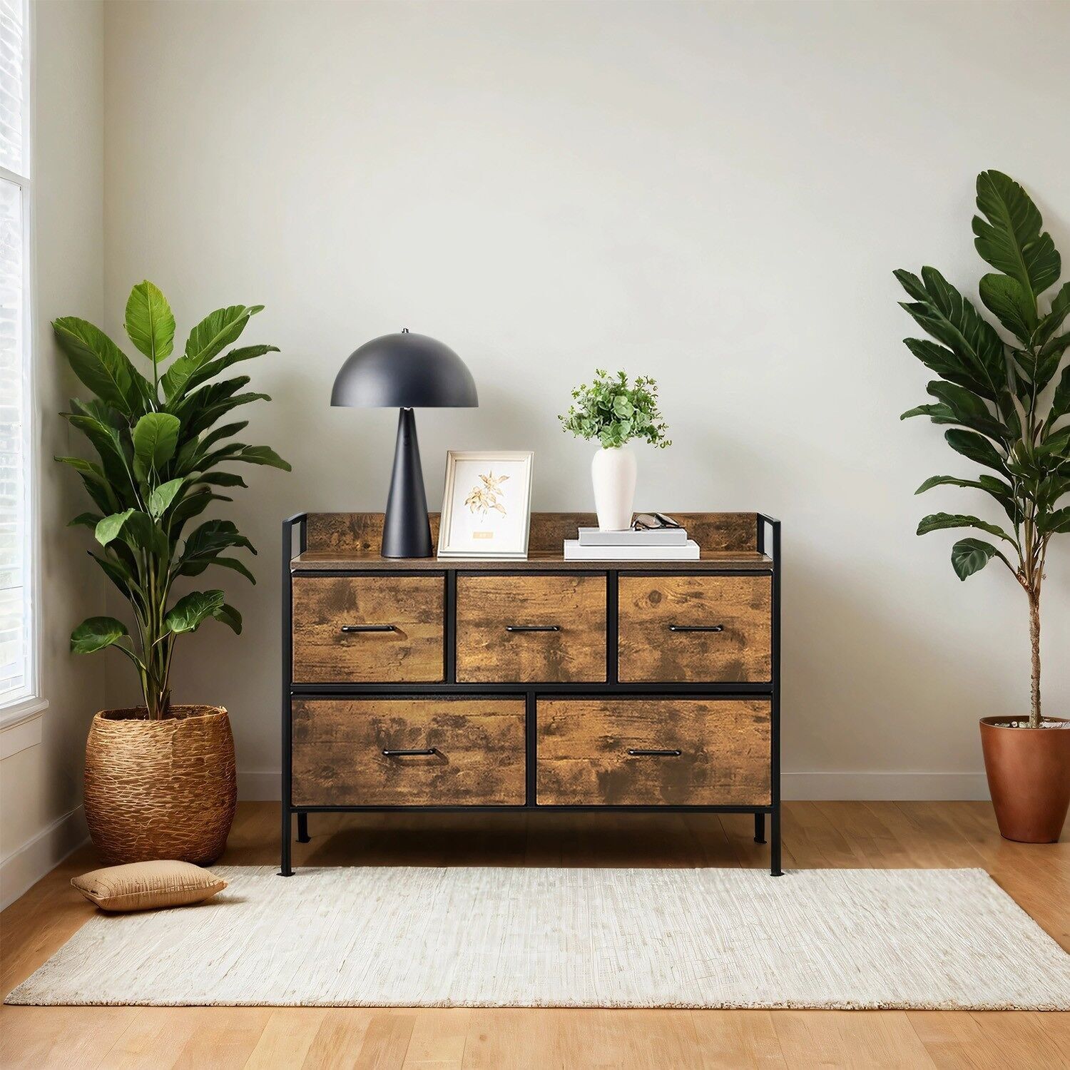 Cassettiera con 5 ripiani in tessuto nei toni vintage del marrone e del nero – 29 x 98,2 x 70 cm 1