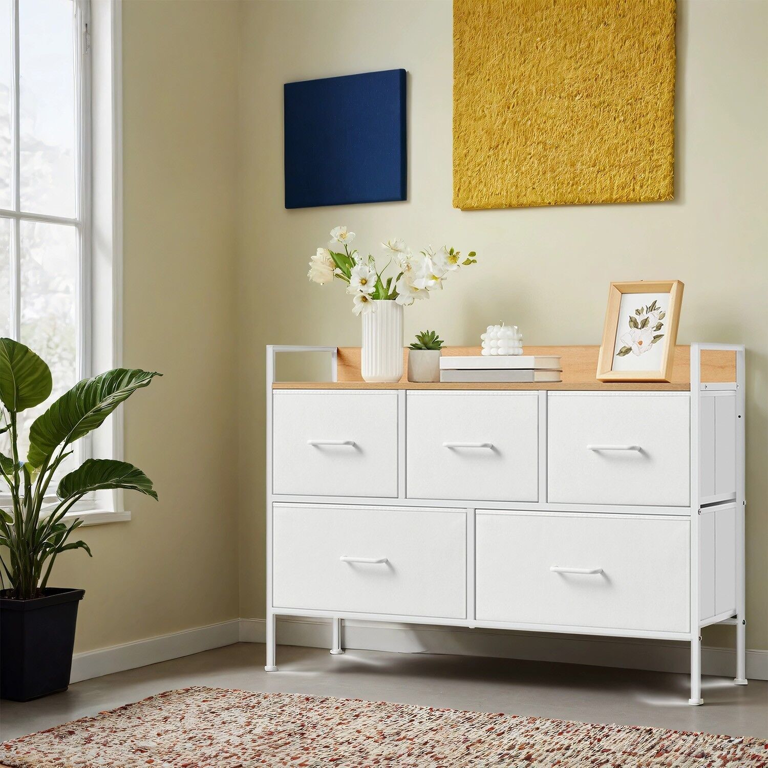 Cassettiera Mooistoerwonen, credenza, 5 cassetti in tessuto con maniglie - 29 x 98,2 x 70 cm