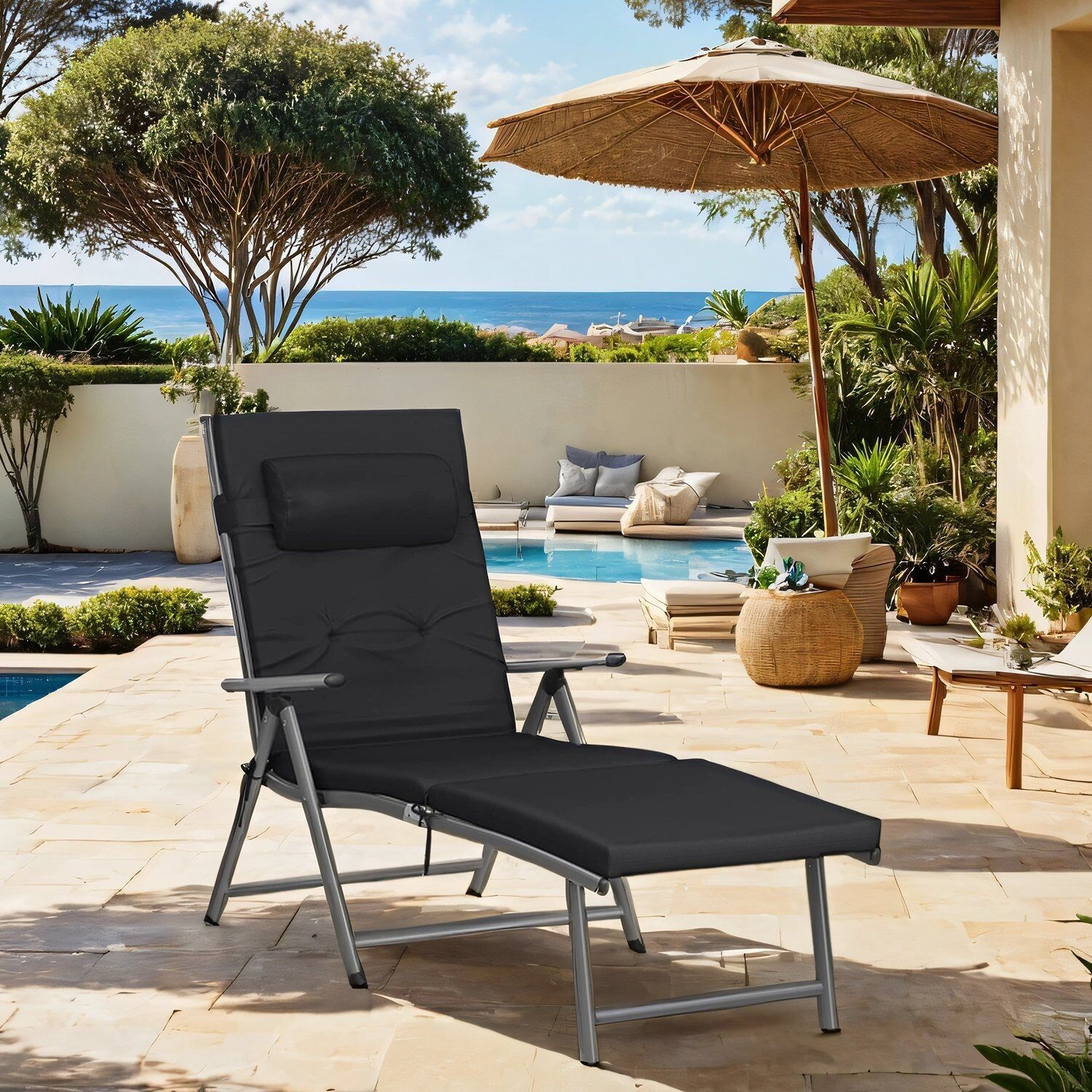 Sedia a sdraio pieghevole con materasso spesso 6 cm, sedia da giardino, cuscino rimovibile