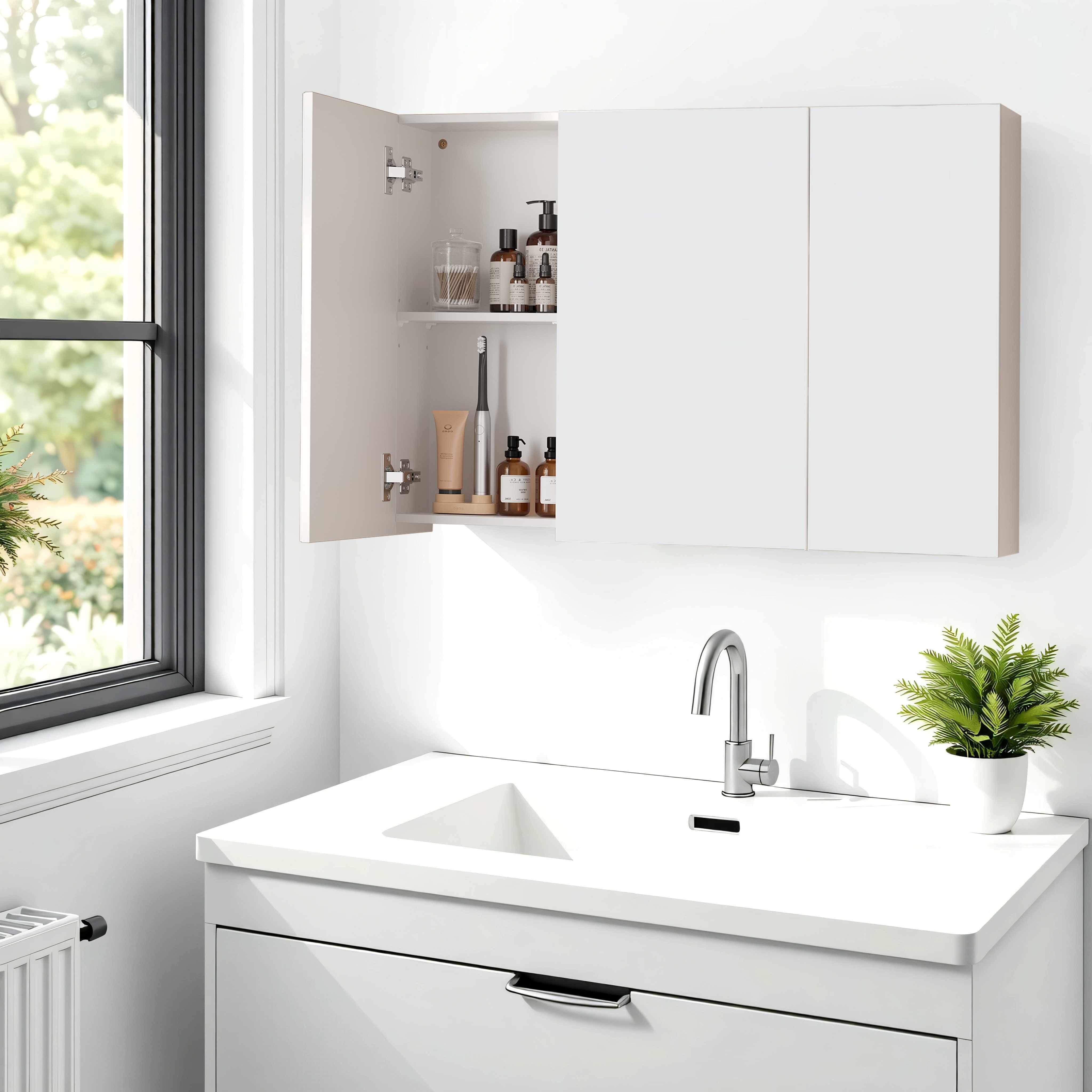 Mobiletto a specchio, mobiletto da bagno, mobiletto portaoggetti con 3 ante - 15 x 90 x 60 cm