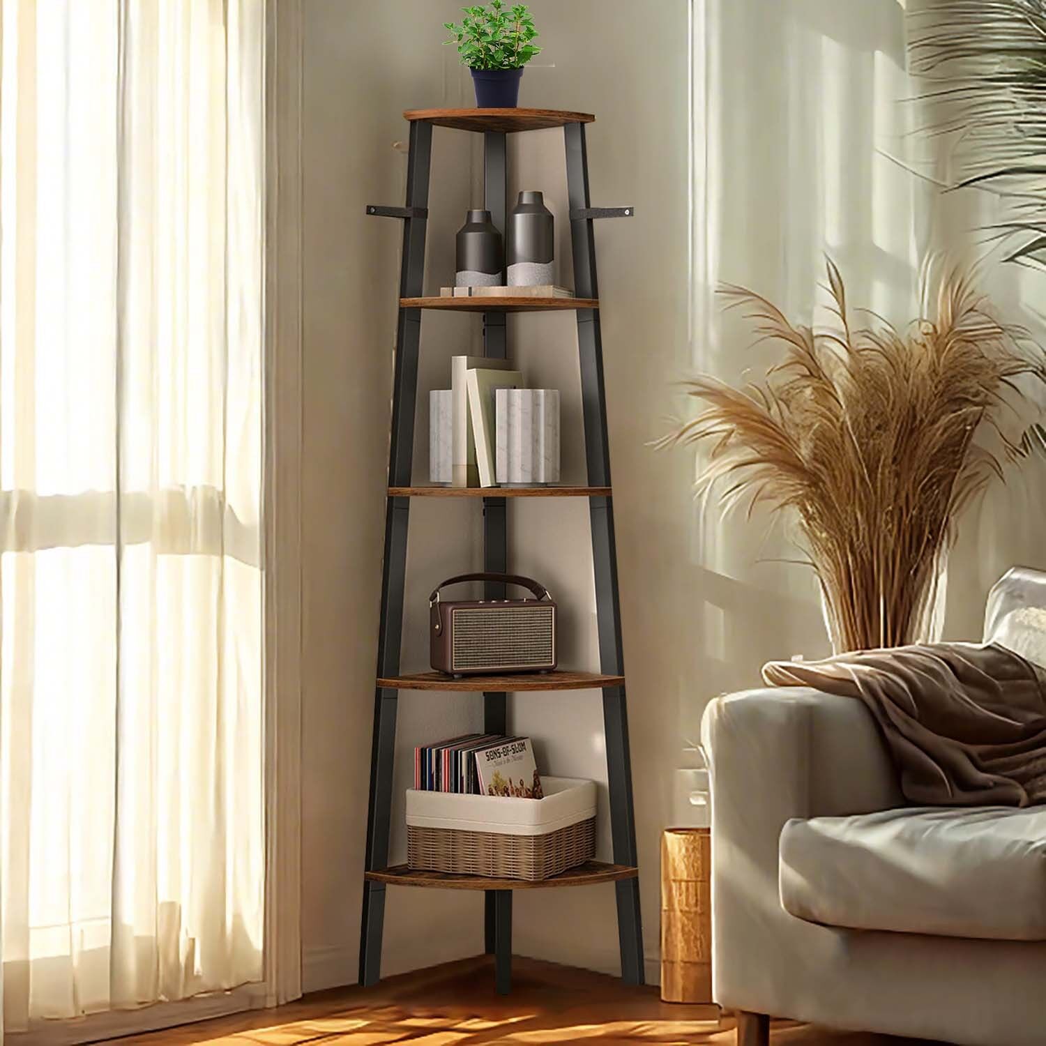 Mensola angolare, libreria a 5 ripiani, mensola a scala - 32,5 x 159 x 34 cm