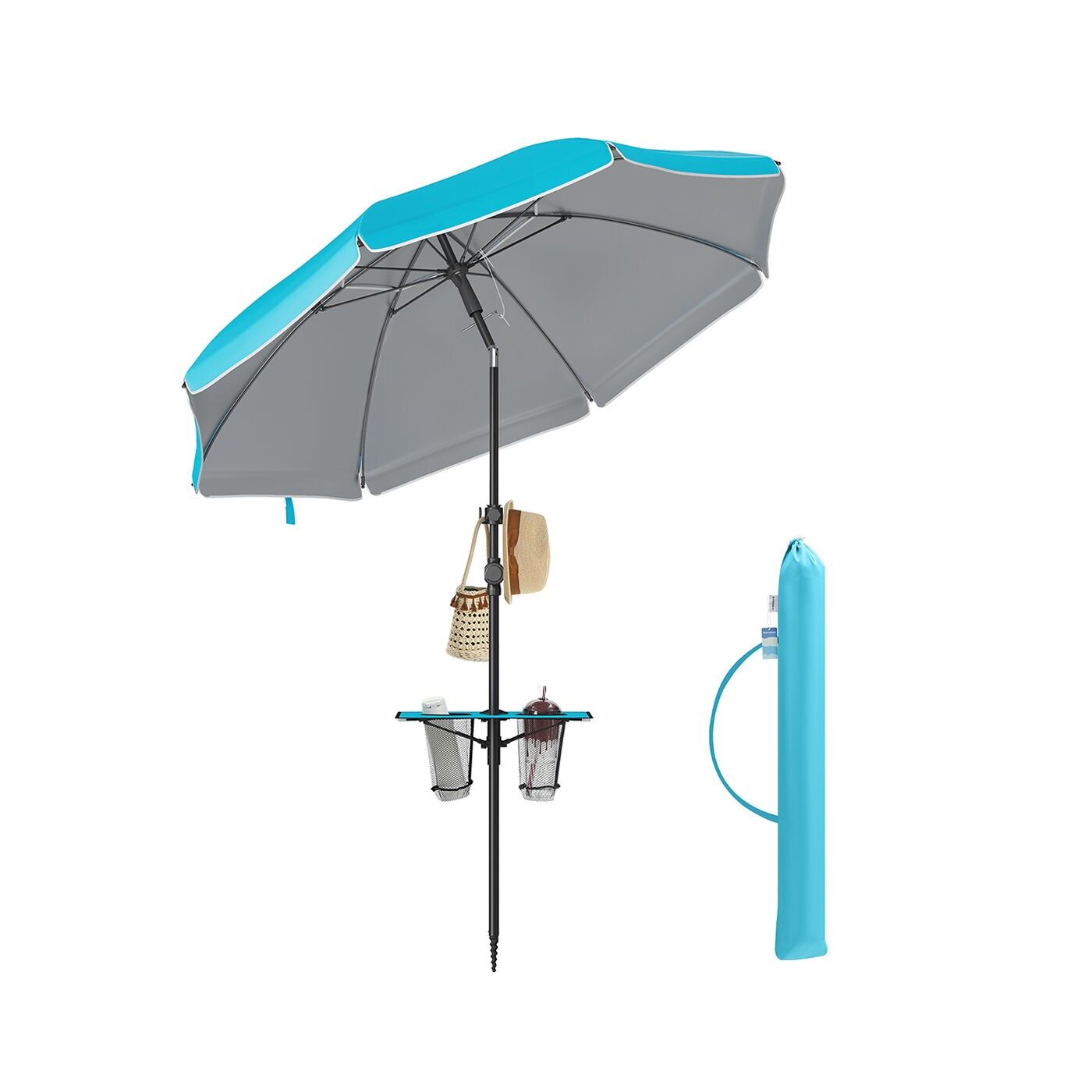 Ombrellone 200 cm bifacciale con palo regolabile in altezza e pieghevole a 30°, blu