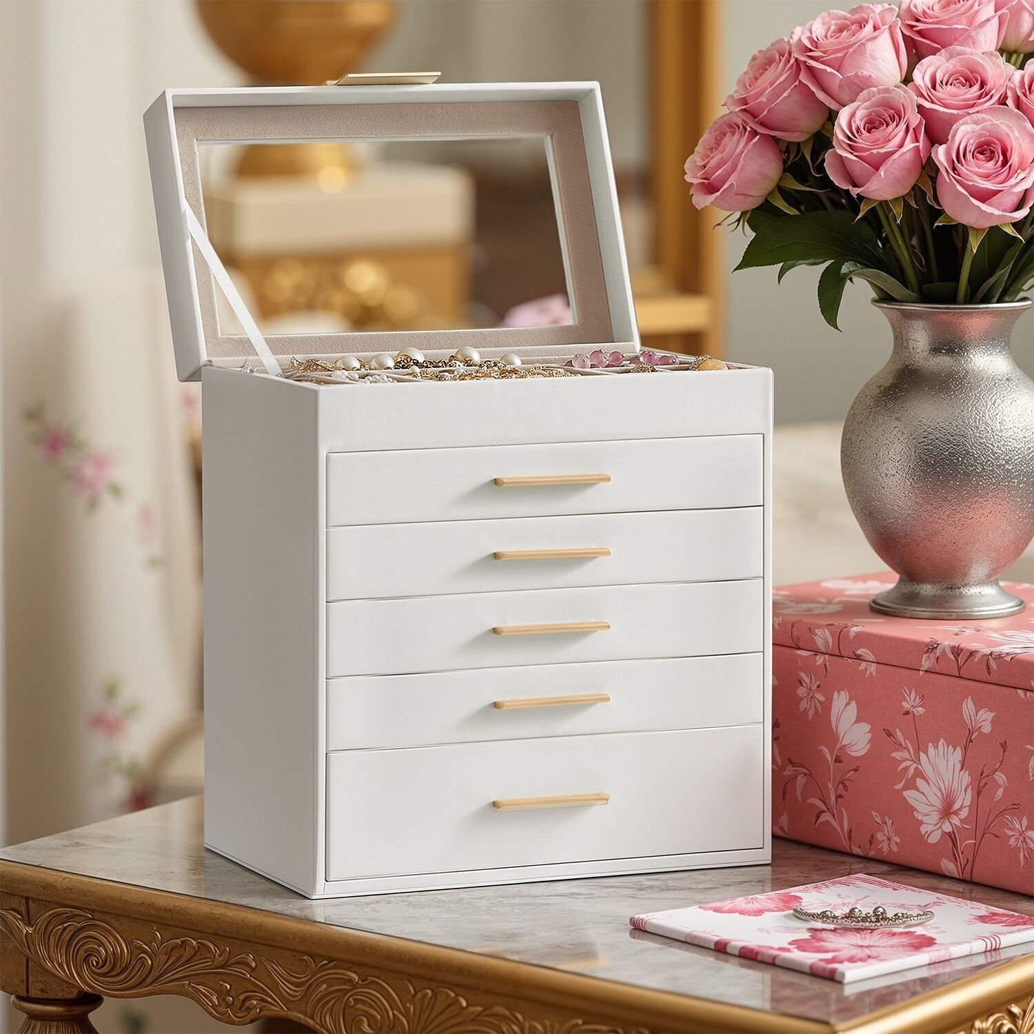 Mobiletto portagioie a 6 ripiani, portagioie a 5 cassetti, coperchio in vetro - 16,3 x 25,1 x 29 cm