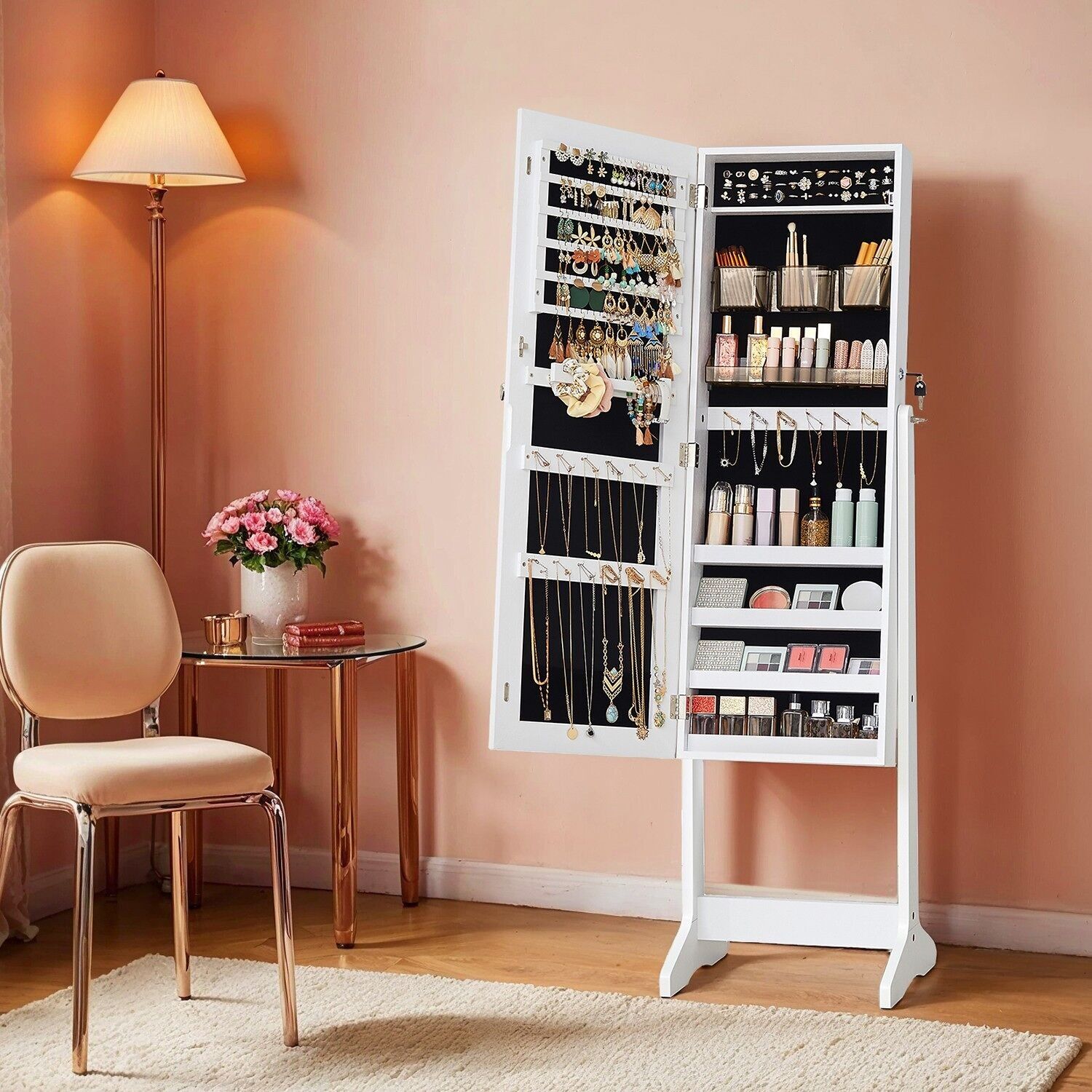 Mobile portagioie indipendente, mobiletto con specchio, specchio a figura intera senza cornice - 41,2 x 36,5 x 152 cm