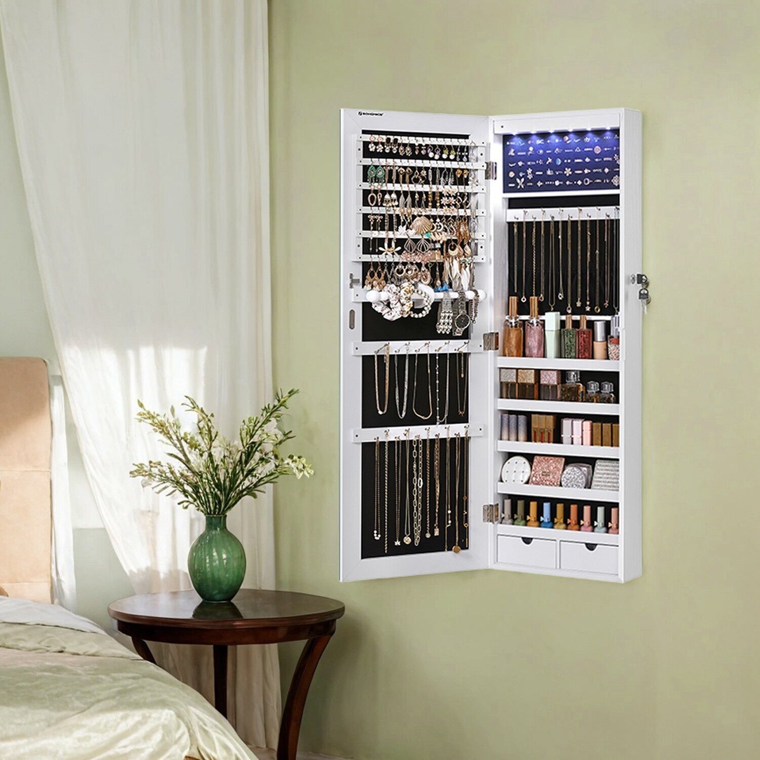 Supporto a parete per appendere, supporto per specchio con illuminazione LED interna, supporto a parete con specchio da parete - 37 x 9,3 x 108 cm