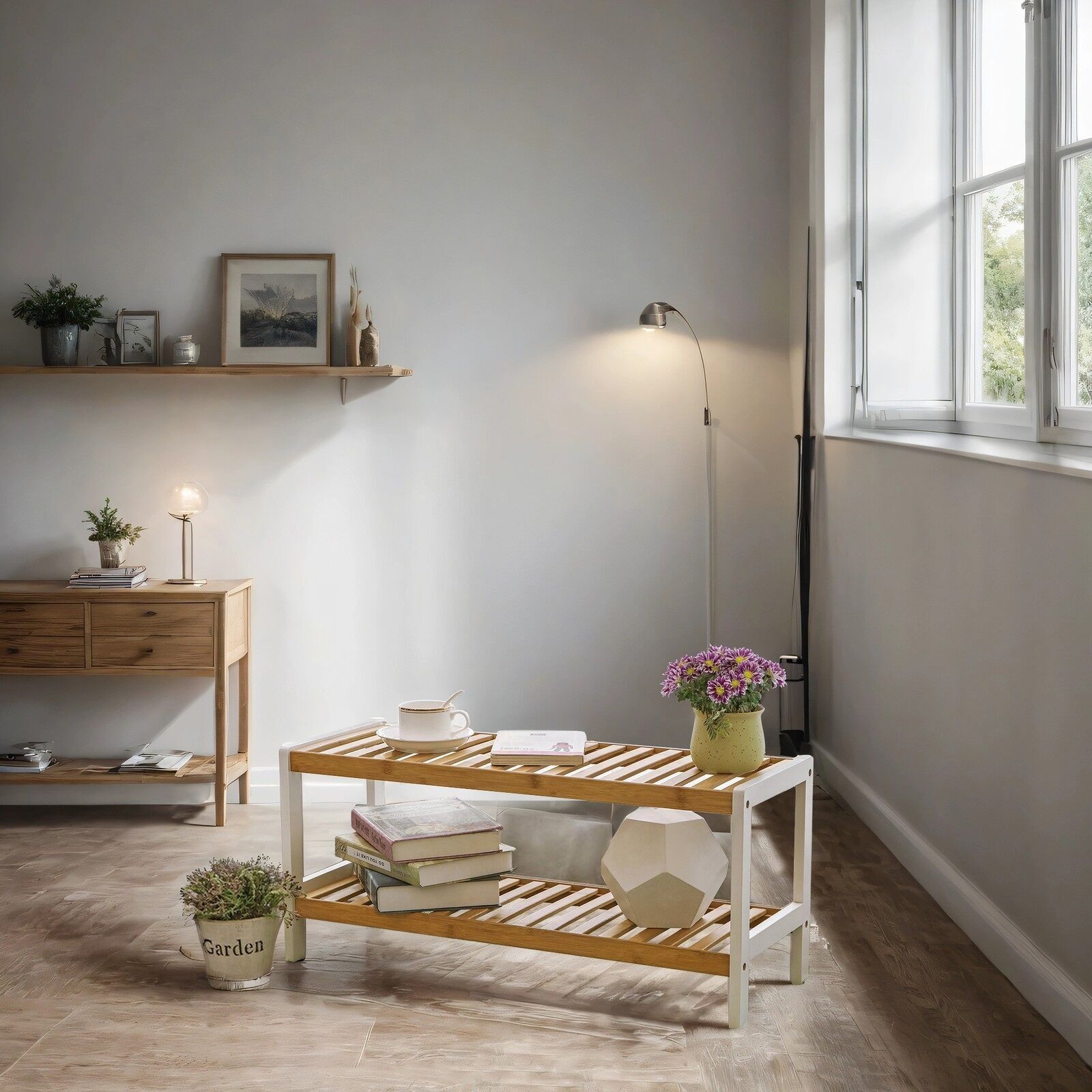 Scarpiera in bambù a 2 ripiani bianco-naturale - 70 x 33 x 26 cm 1 pz.