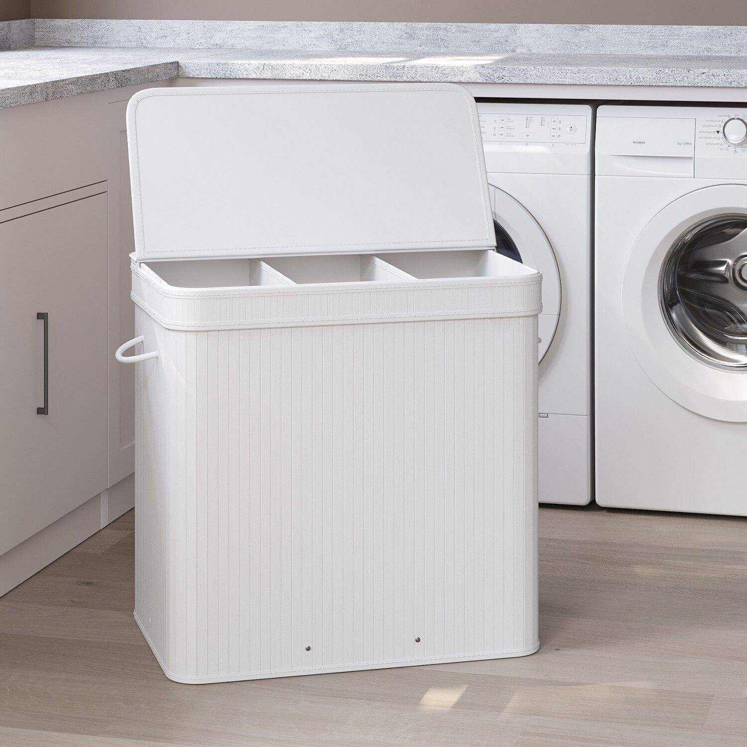 Cesto portabiancheria con coperchio, cesto portabiancheria in bambù, sacco portabiancheria con manici rimovibili, lavabile in lavatrice – 41,5 x 62,5 x 61 cm