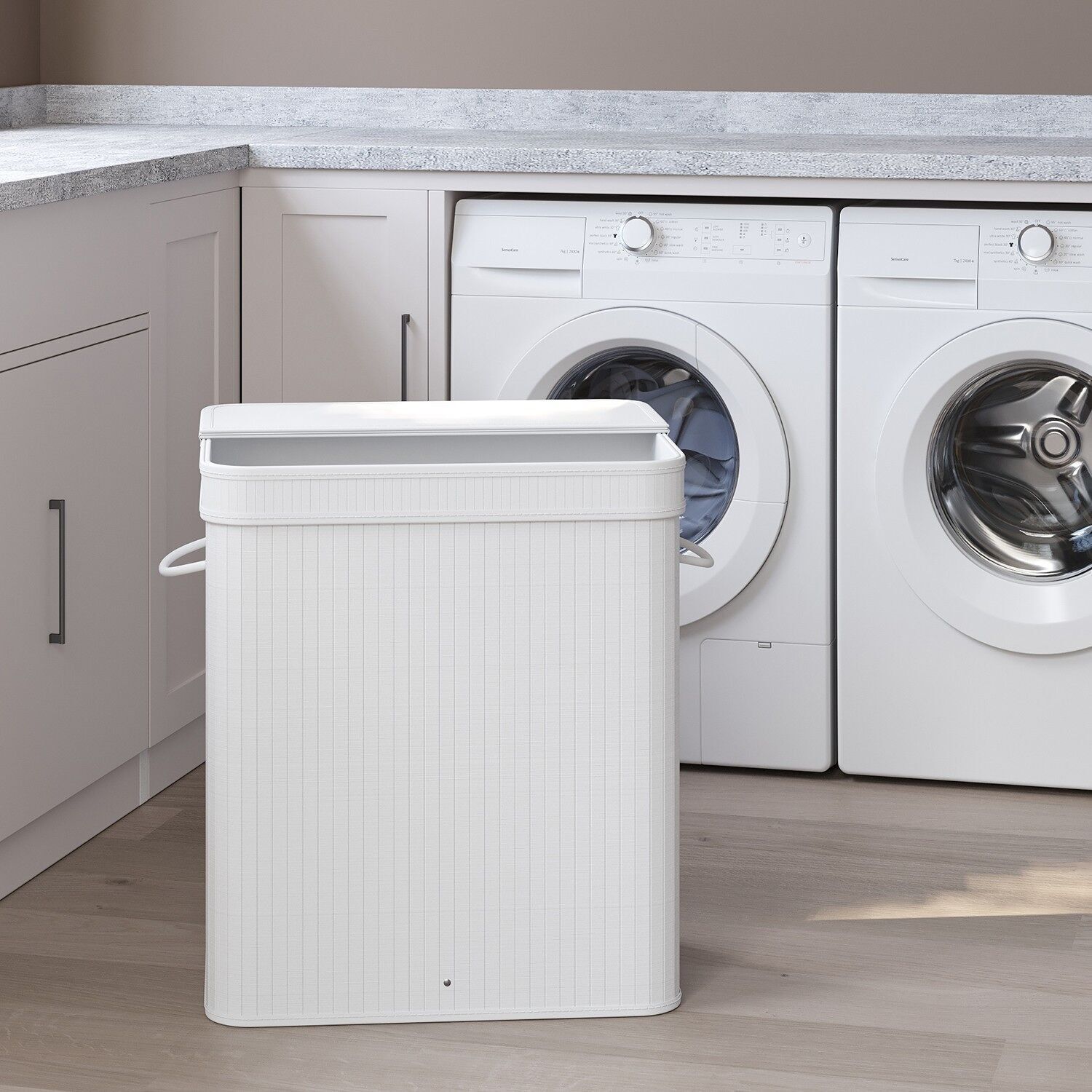 Cesto portabiancheria con coperchio, cesto portabiancheria in bambù, sacco portabiancheria con manici rimovibili, lavabile in lavatrice - 34,5 x 54,5 x 61 cm