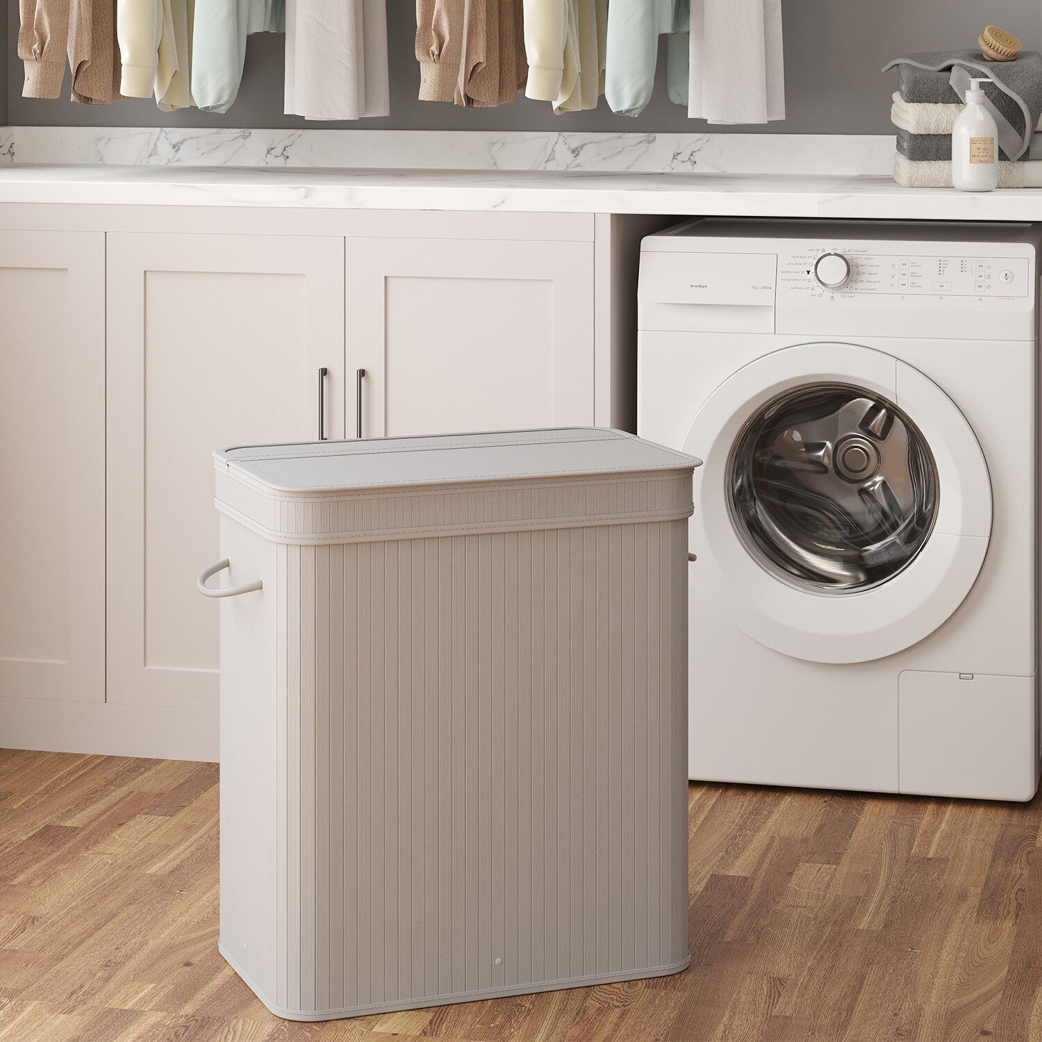 Cesto portabiancheria con coperchio, cesto portabiancheria in bambù, sacco portabiancheria con manici rimovibili, lavabile in lavatrice - 34,5 x 54,5 x 61 cm 2