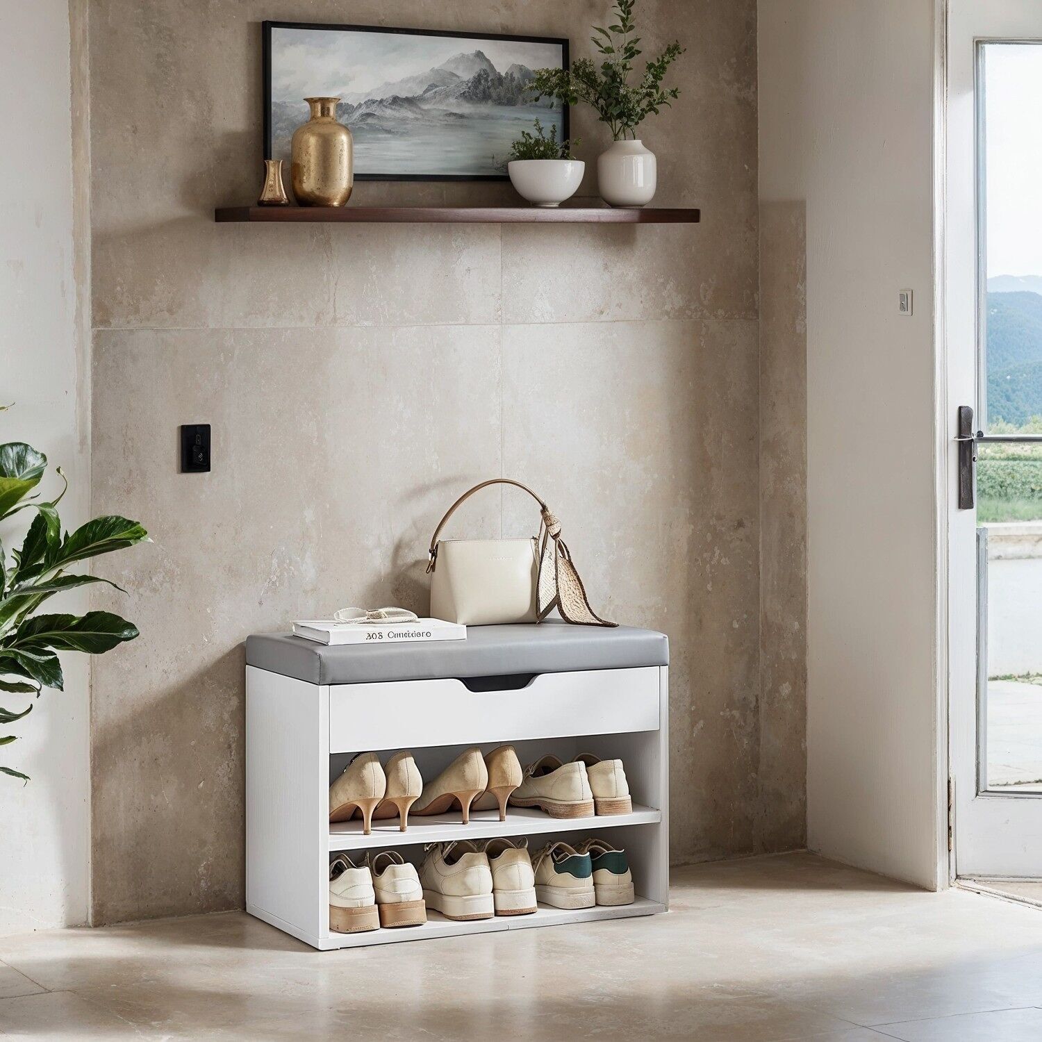 Panca portascarpe con 3 ripiani, seduta, scarpiera con cuscino - 30 x 60 x 44 cm