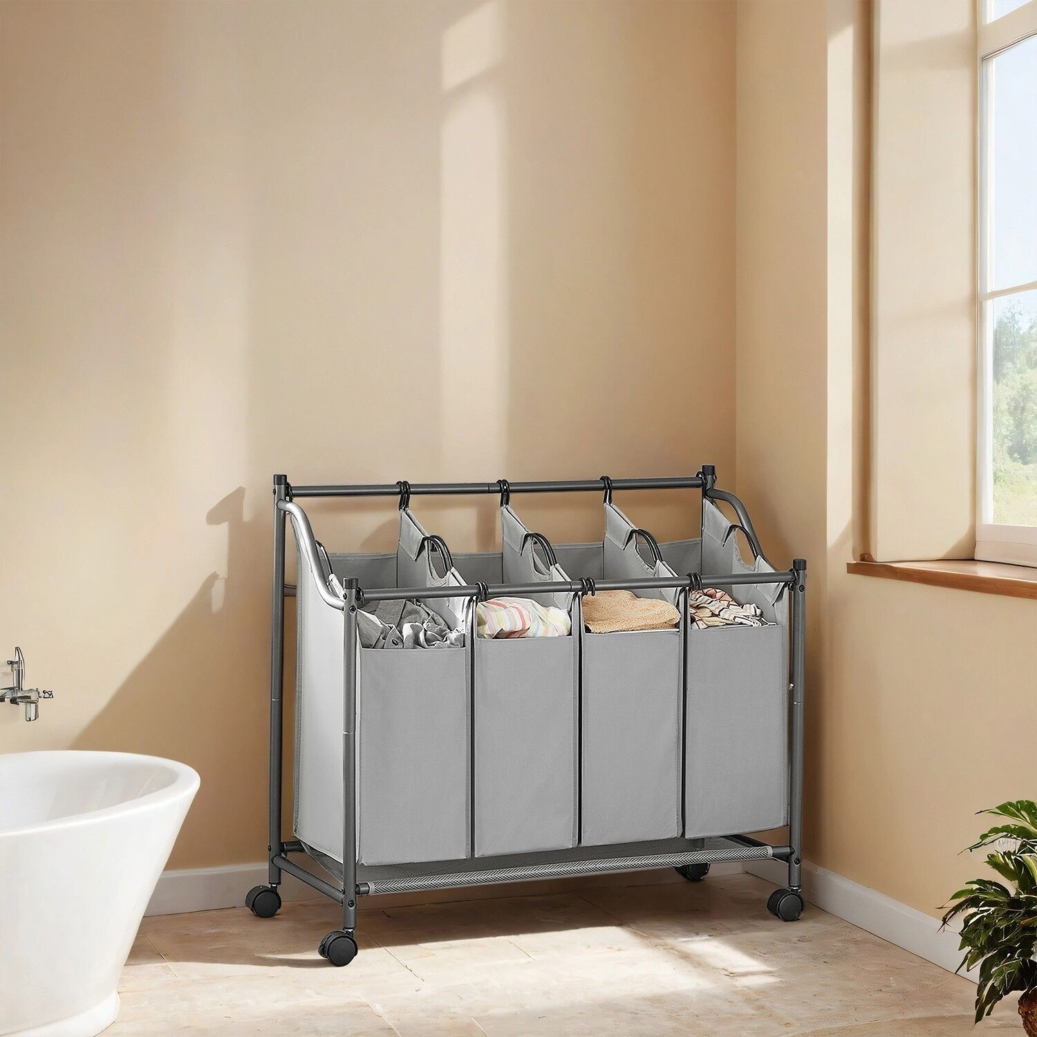 Cesto portabiancheria con ruote, 4 x 35 L, cesto portabiancheria con 4 sacchi per la biancheria separati - 87,5 x 38,5 x 67/81 cm