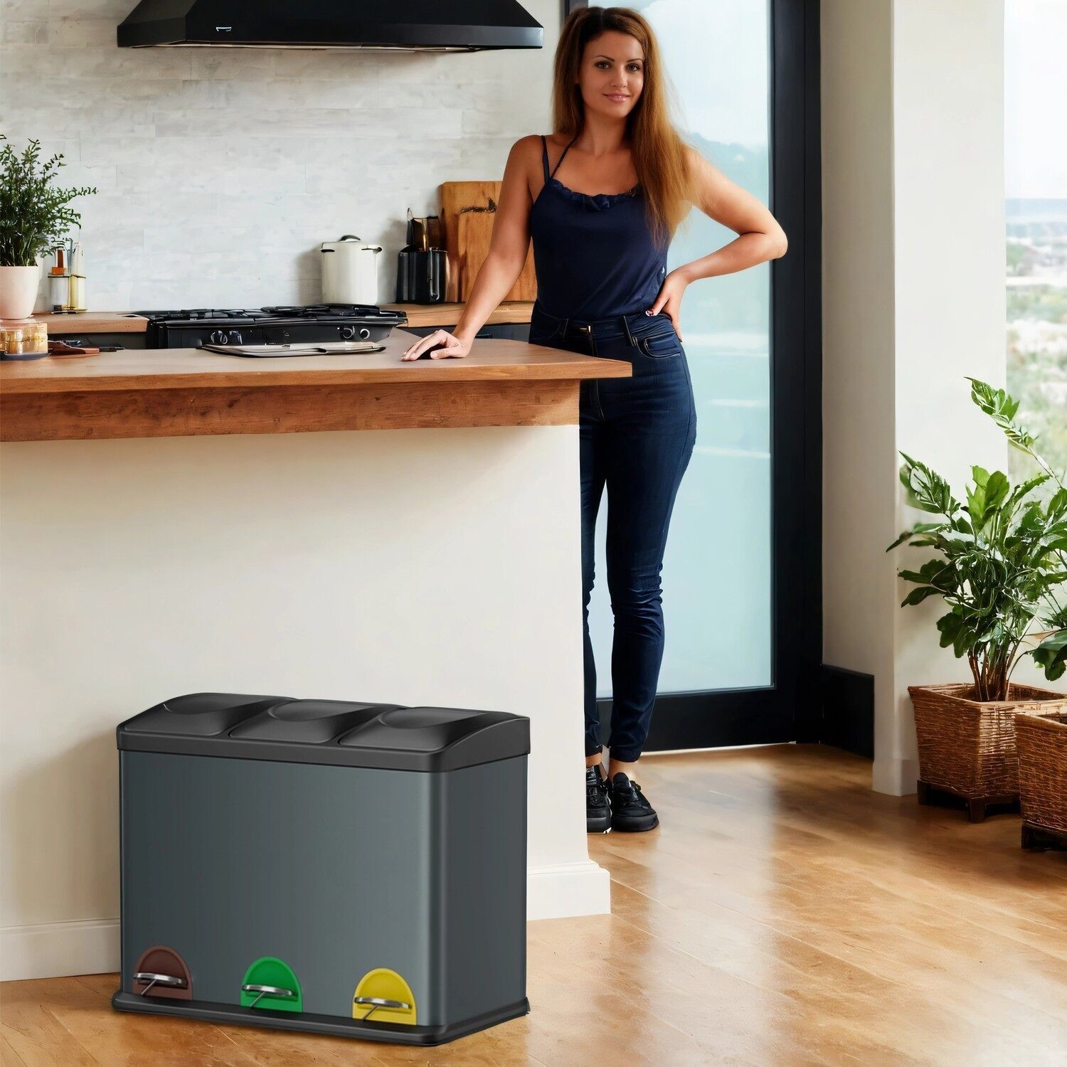 Pattumiera con 3 scomparti, sistema di separazione dei rifiuti cucina, pattumiera - 60,5 x 40,5 x 48,5 cm 1