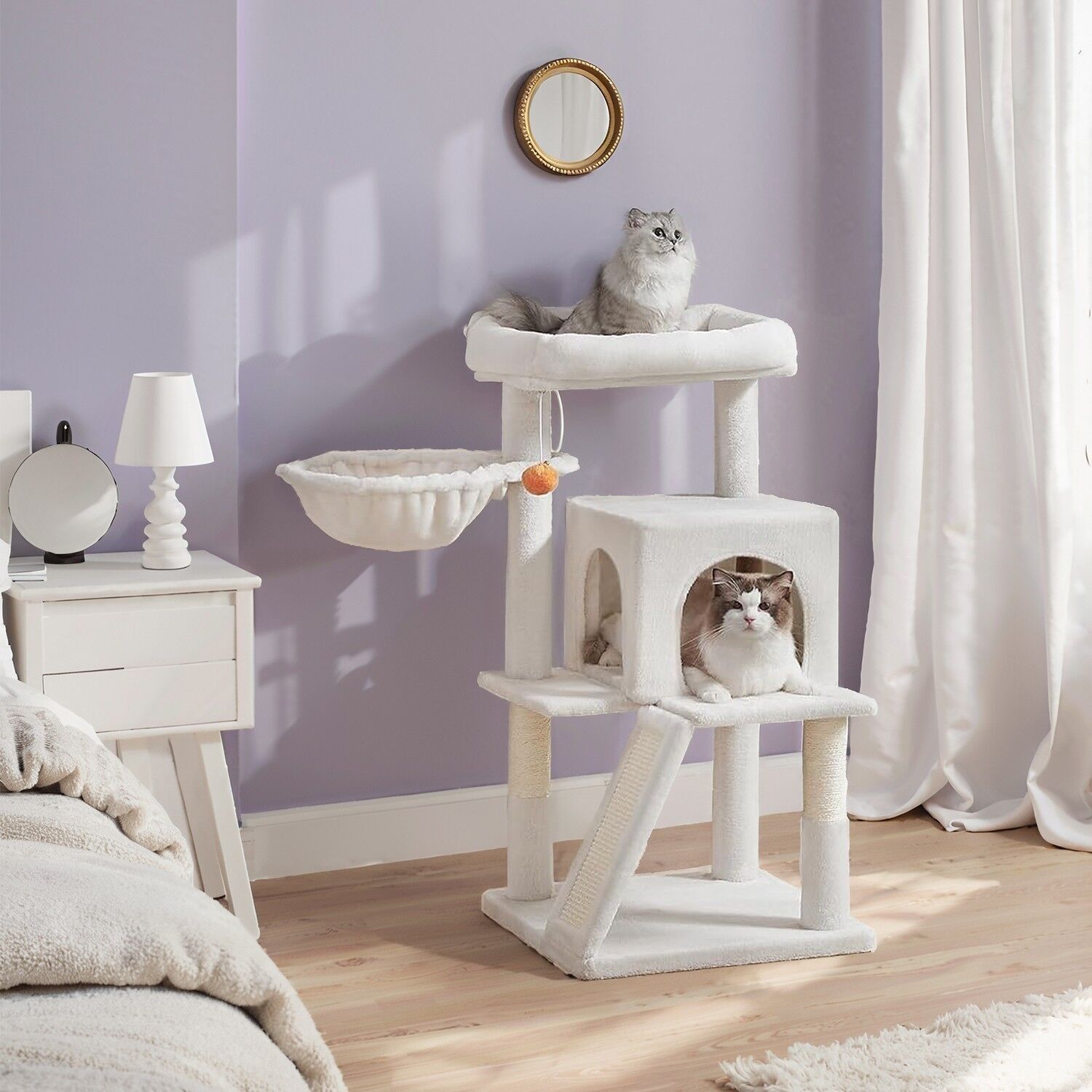 Tiragraffi, albero per gatti con piattaforma più grande, albero per gatti con grotta e cesto sospeso - 48,1 x 48,1 x 96,1 cm 1