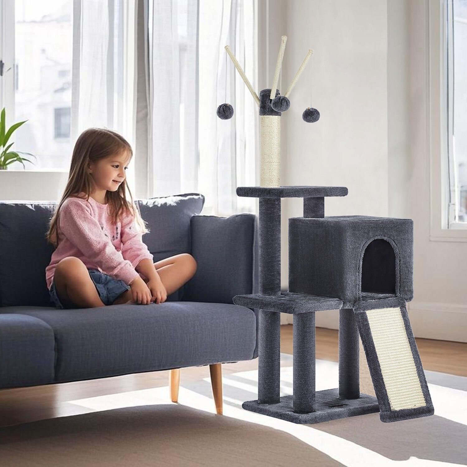 Tiragraffi per gatti, tiragraffi a più livelli, tiragraffi con cuccia per gatti - 118 cm