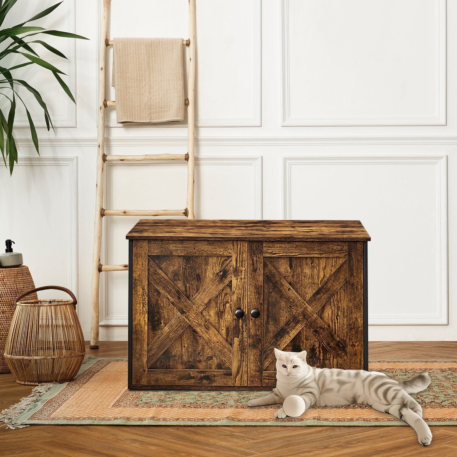 Cuccia per gatti, mobiletto per lettiera con divisorio rimovibile, tavolino laterale - 80 x 53 x 49,2 cm