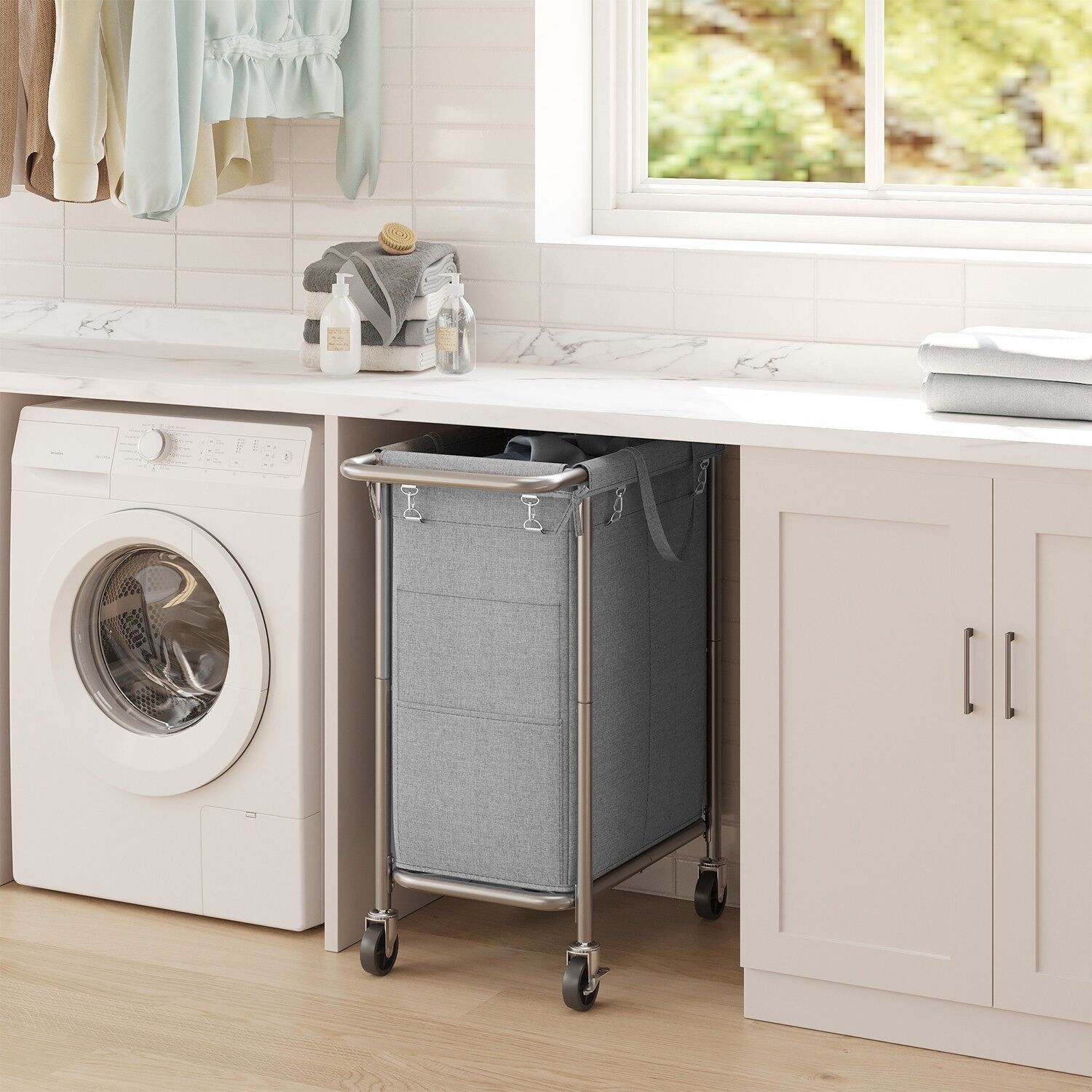 Cesto portabiancheria con ruote, raccoglitore per biancheria con 2 scomparti, carrello portabiancheria - 69 x 39 x 81 cm