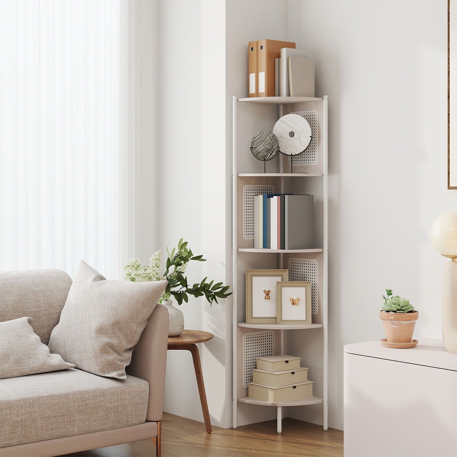 Scaffale angolare a 5 ripiani, libreria, lati in polyrattan - 31,9 x 31,9 x 156,4 cm 1