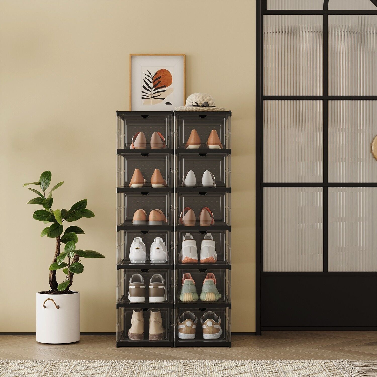 Meuble à chaussures, lot de 2, avec 12 boîtes à chaussures, rangement intégré - 35,5 x 25,5 x 105 cm