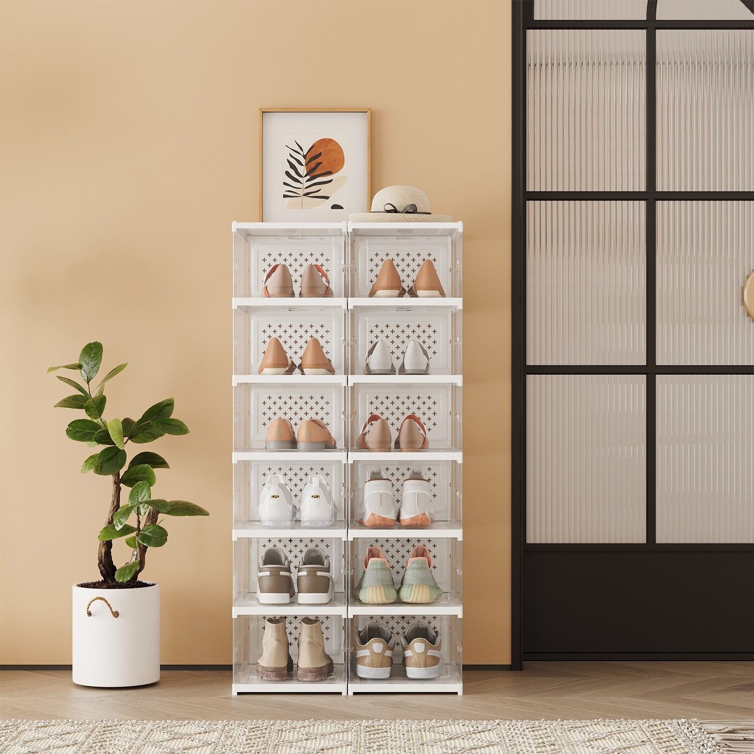 Meuble à chaussures, lot de 2, avec 12 boîtes à chaussures, rangement à chaussures intégré - 35,5 x 25,5 x 105 cm 1