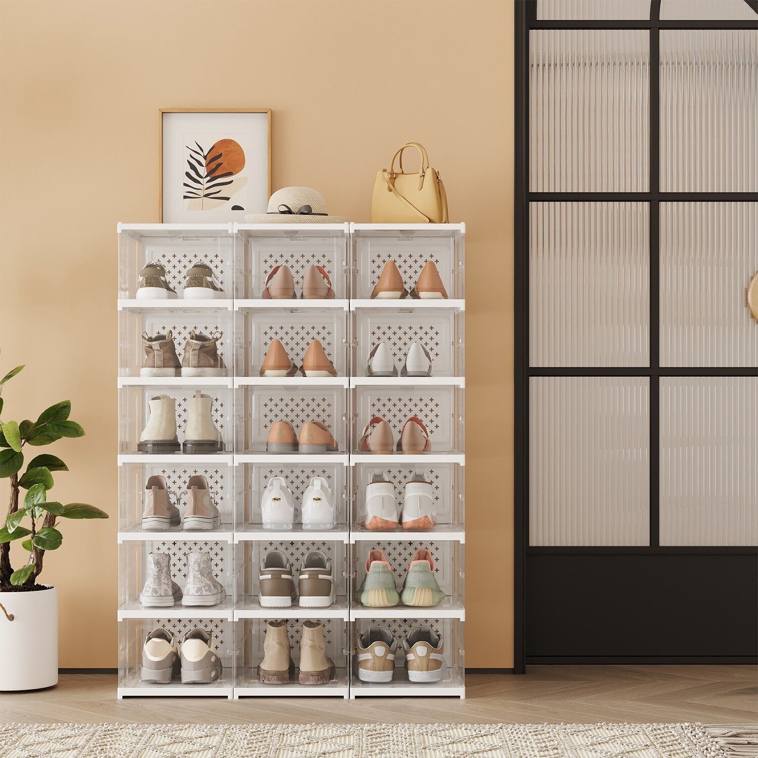 Ensemble de 3 meubles à chaussures, avec 18 boîtes à chaussures, rangement à chaussures intégré - 35,5 x 25,5 x 105 cm 1 pièce.