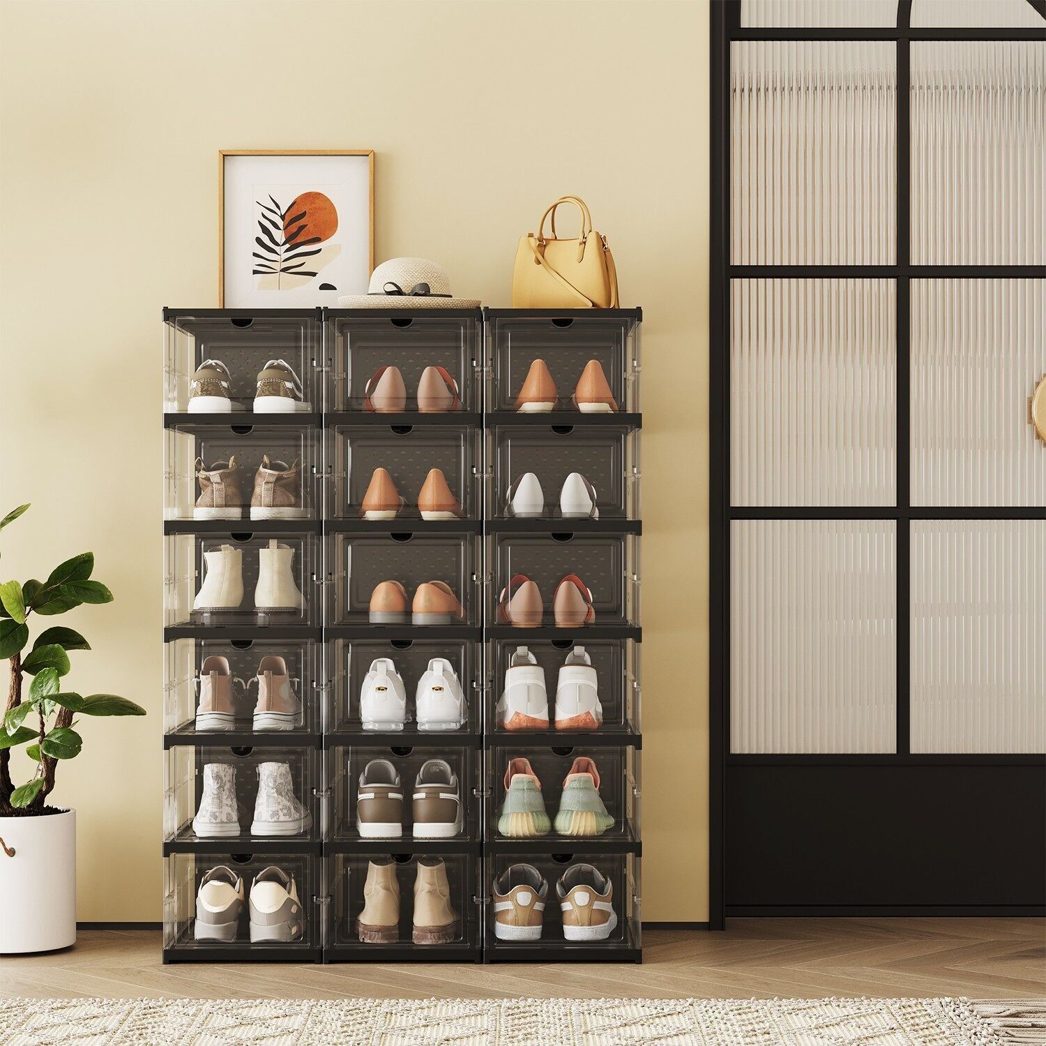 Meuble à chaussures, lot de 3, avec 18 boîtes à chaussures, rangement intégré - 35,5 x 25,5 x 105 cm