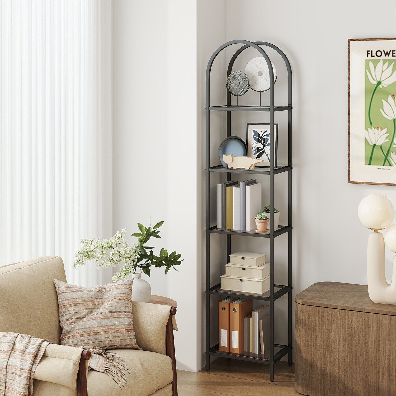 Libreria curva in vetro temperato a 5 ripiani – 30,2 x 40 x 183,5 cm