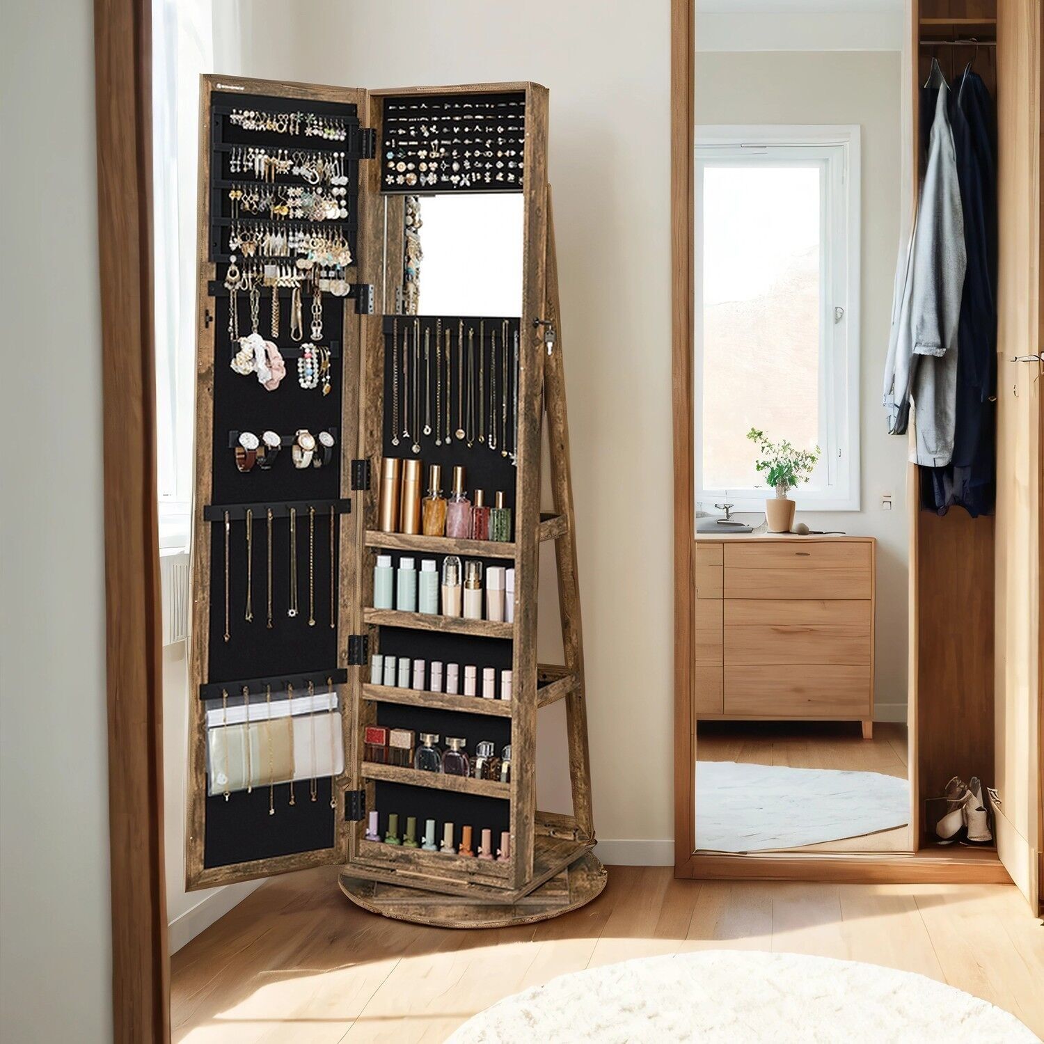 Mobiletto portagioie con specchio, mobiletto con specchio girevole a 360°, chiudibile a chiave - 37 x 9,5 x 155 cm