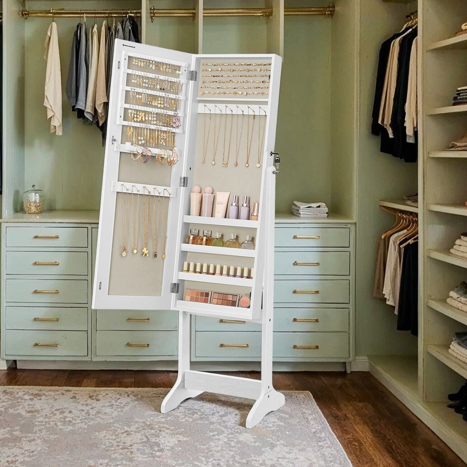 Mobile portagioie, mobiletto con specchio, specchio da appoggio - 36,5 x 41 x 151,5 cm