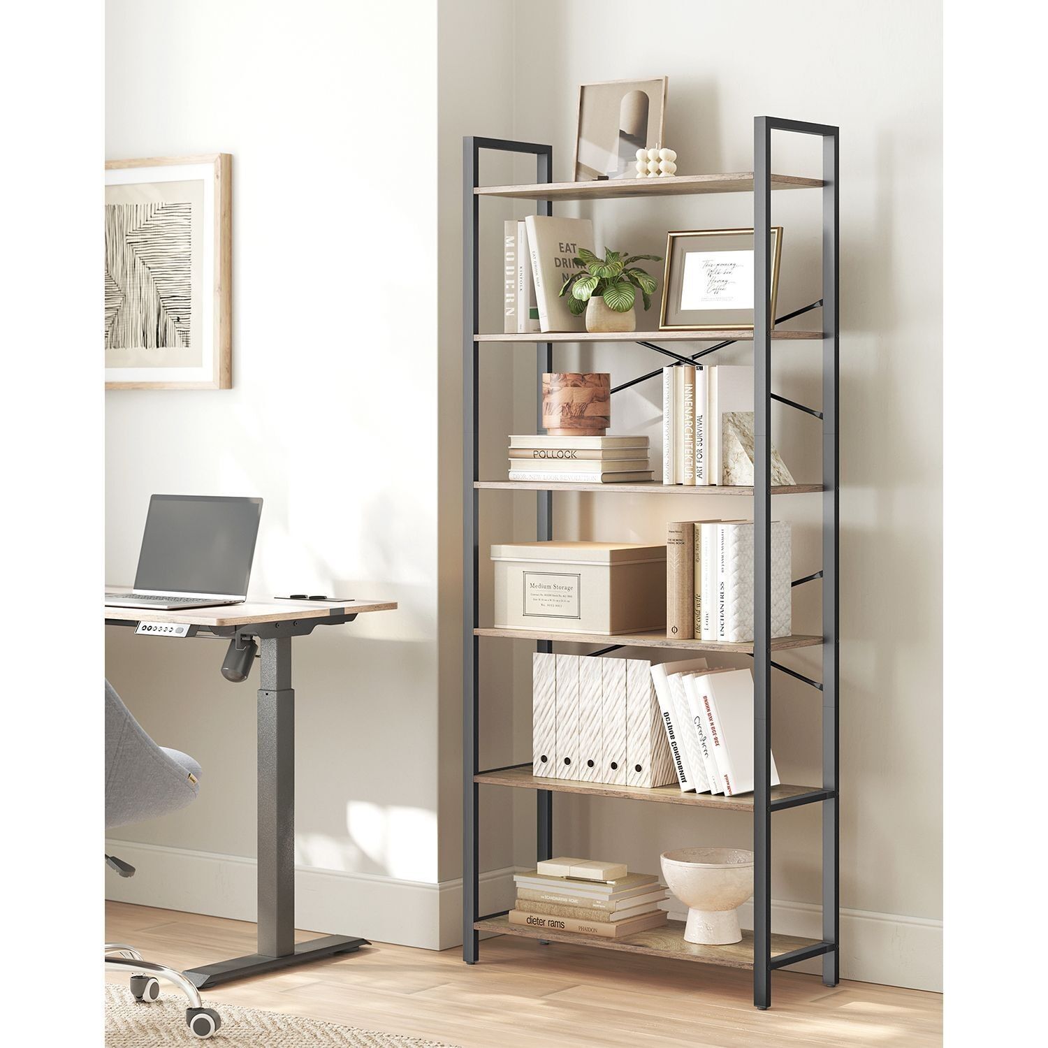 Libreria 6 livelli 30 x 80 x 186 cm noce scuro-nero 1