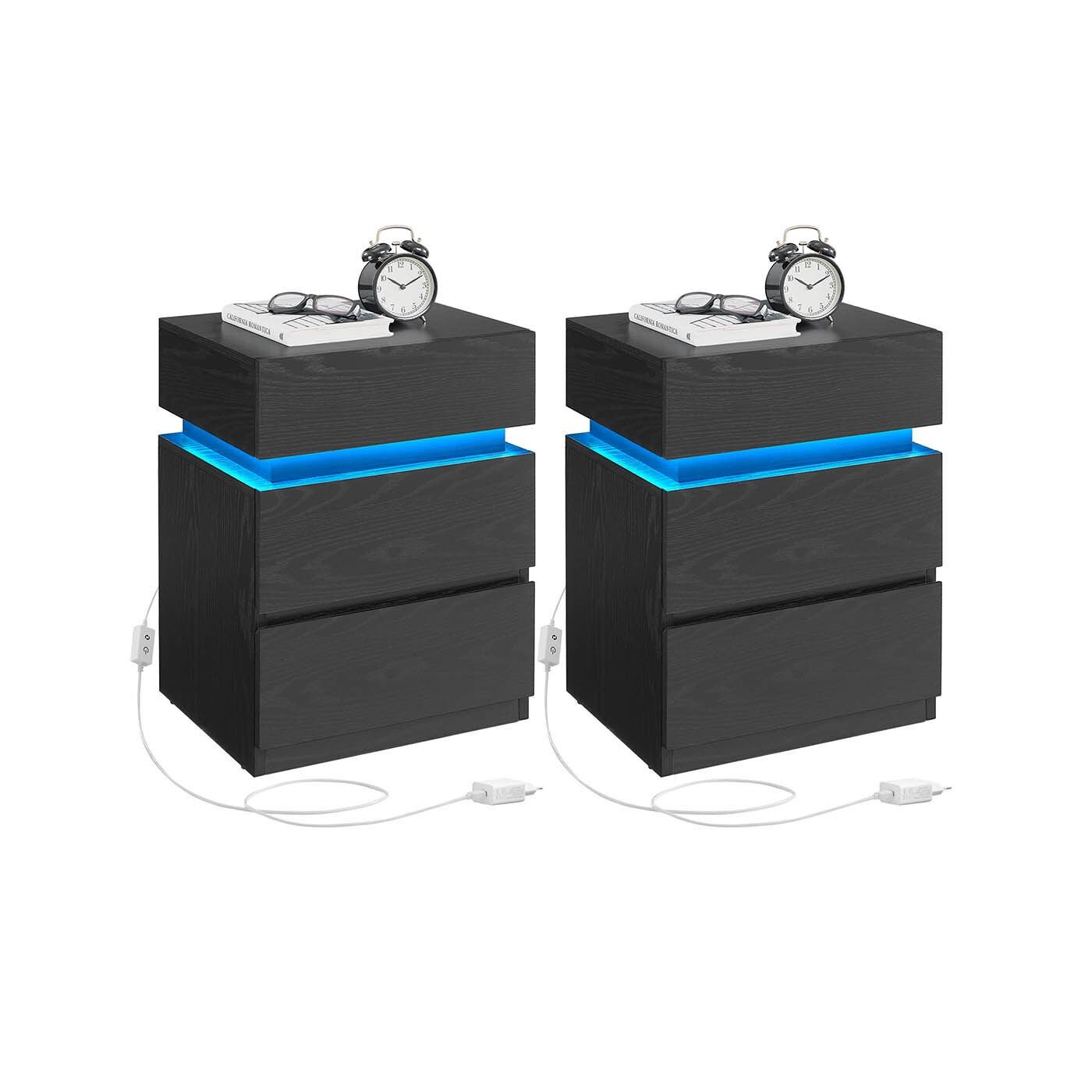 Set di 2 comodini con illuminazione a LED e 3 guide nere - 35 x 40 x 55 cm