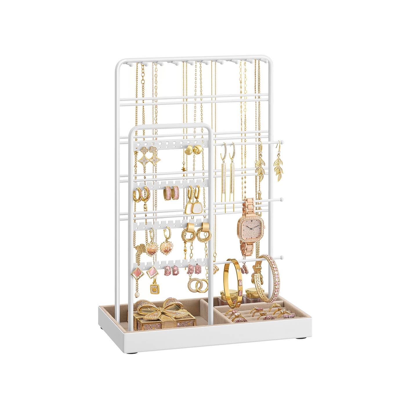 Portagioie con vassoio in velluto bianco-marrone cammello - 14 x 24 x 35,8 cm