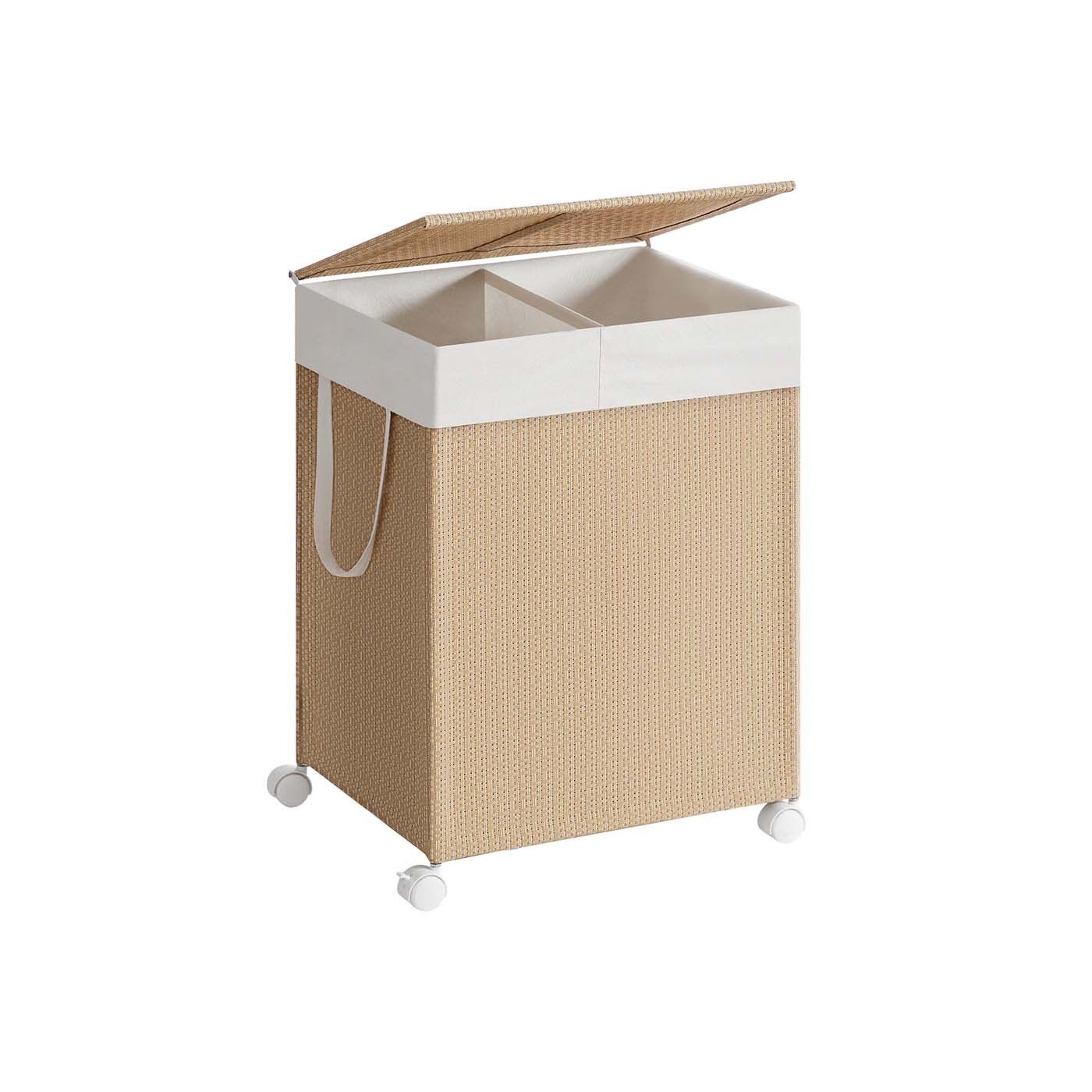 Cesto portabiancheria da 100 L con 2 scomparti e ruote, beige naturale-bianco opaco - 46,5 x 37,5 x 65 cm