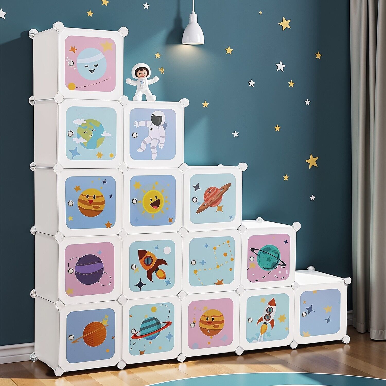 Sistema di scaffalature con 15 cubi, mobiletto portaoggetti per bambini, armadio con ante - 123 x 31 x 123 cm