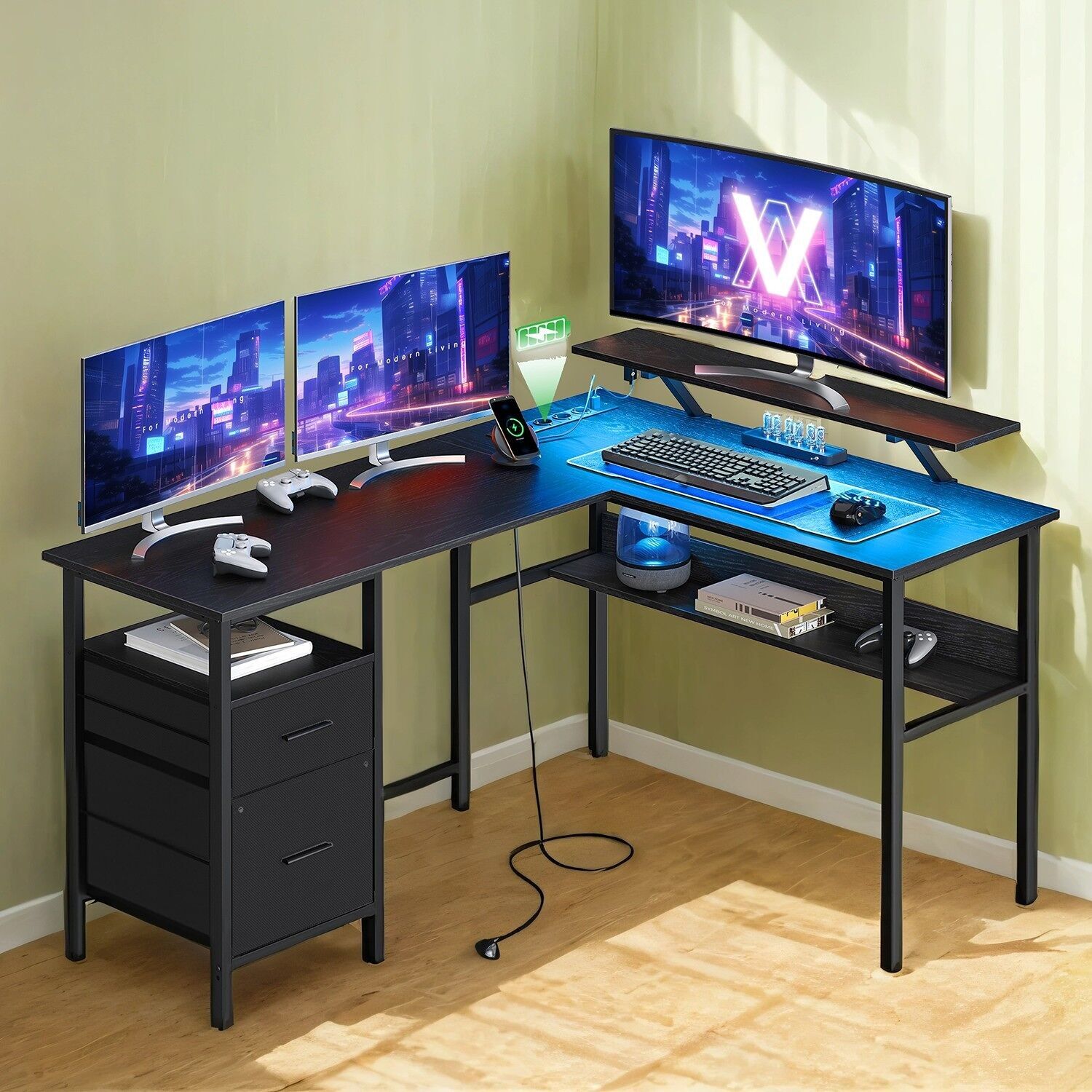 Scrivania a L, tavolo con prese di corrente, scrivania angolare - 150 x 120 x 76 cm