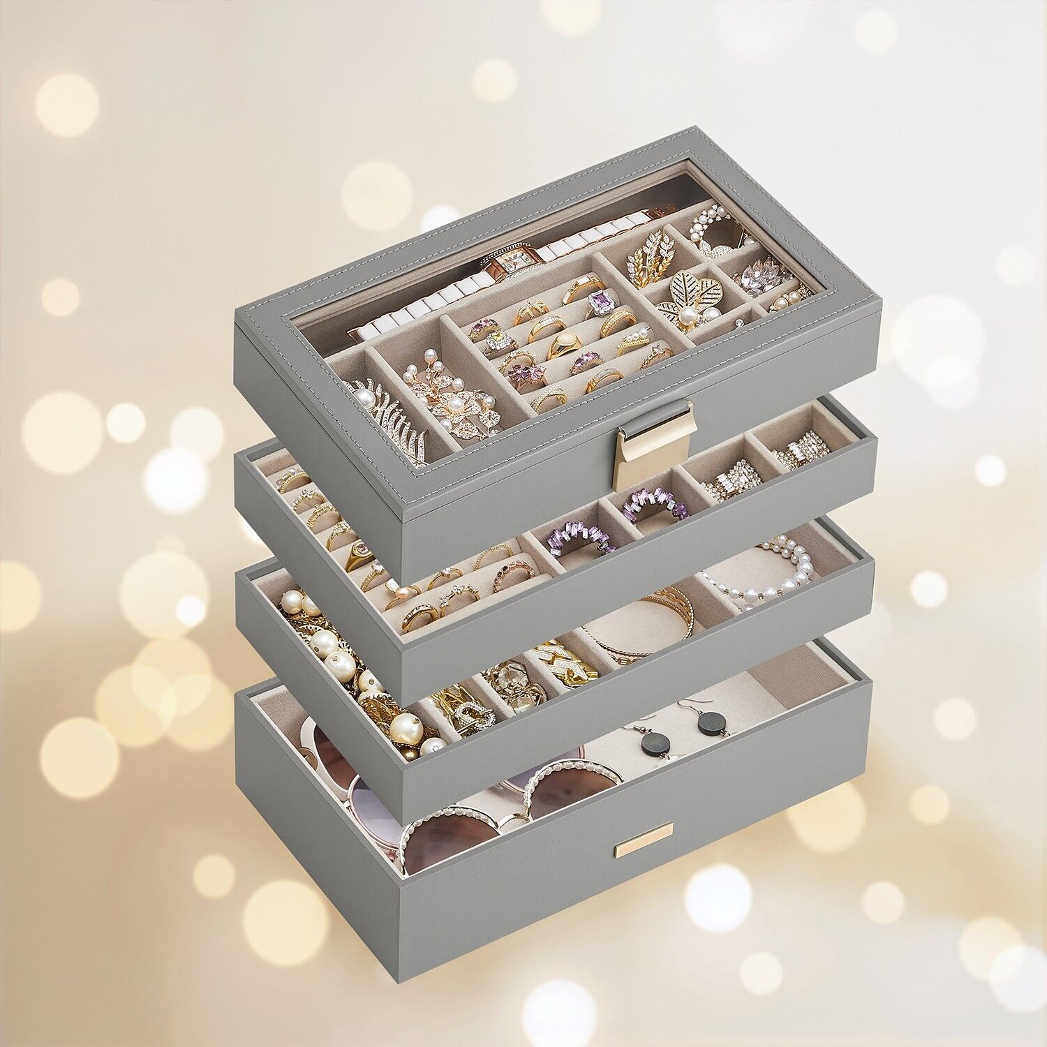 Portagioie 4 livelli con coperchio in vetro tortora - 17 x 28 x 18,3 cm 1