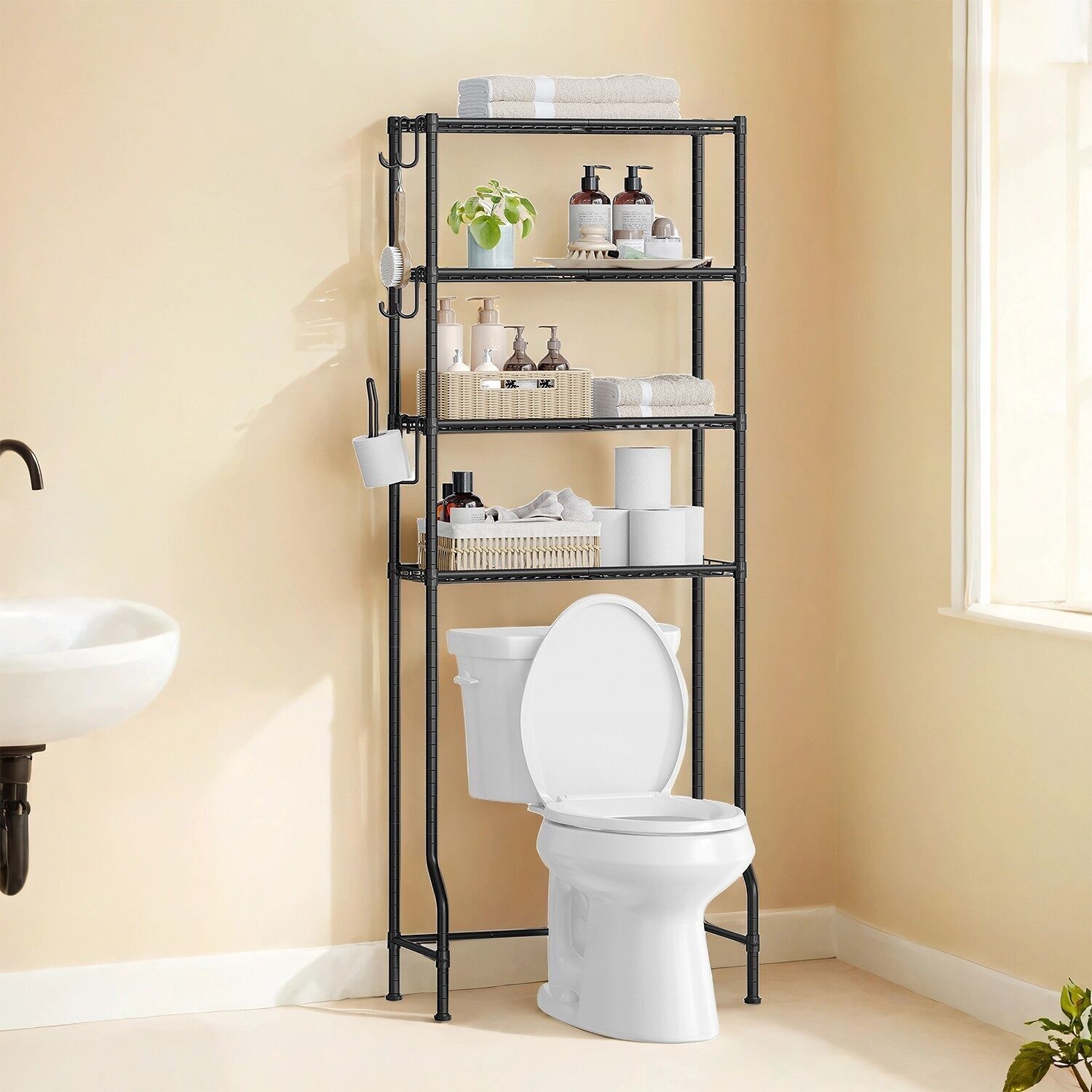 Mobiletto porta WC 4 pezzi con ganci per riporre oggetti in modo salvaspazio, nero - 30 x 63 x 176 cm 1