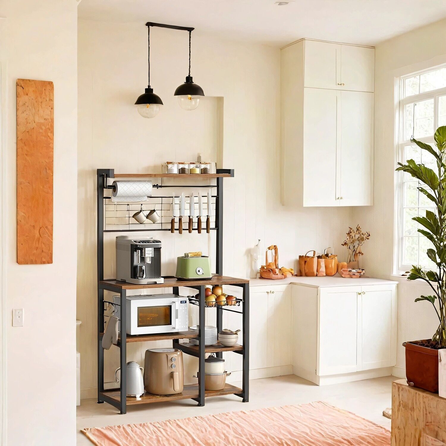 Mensola da cucina con barra magnetica per coltelli e 12 ganci, marrone-nero vintage - 42 x 90 x 167,3 cm, 1 pezzo.