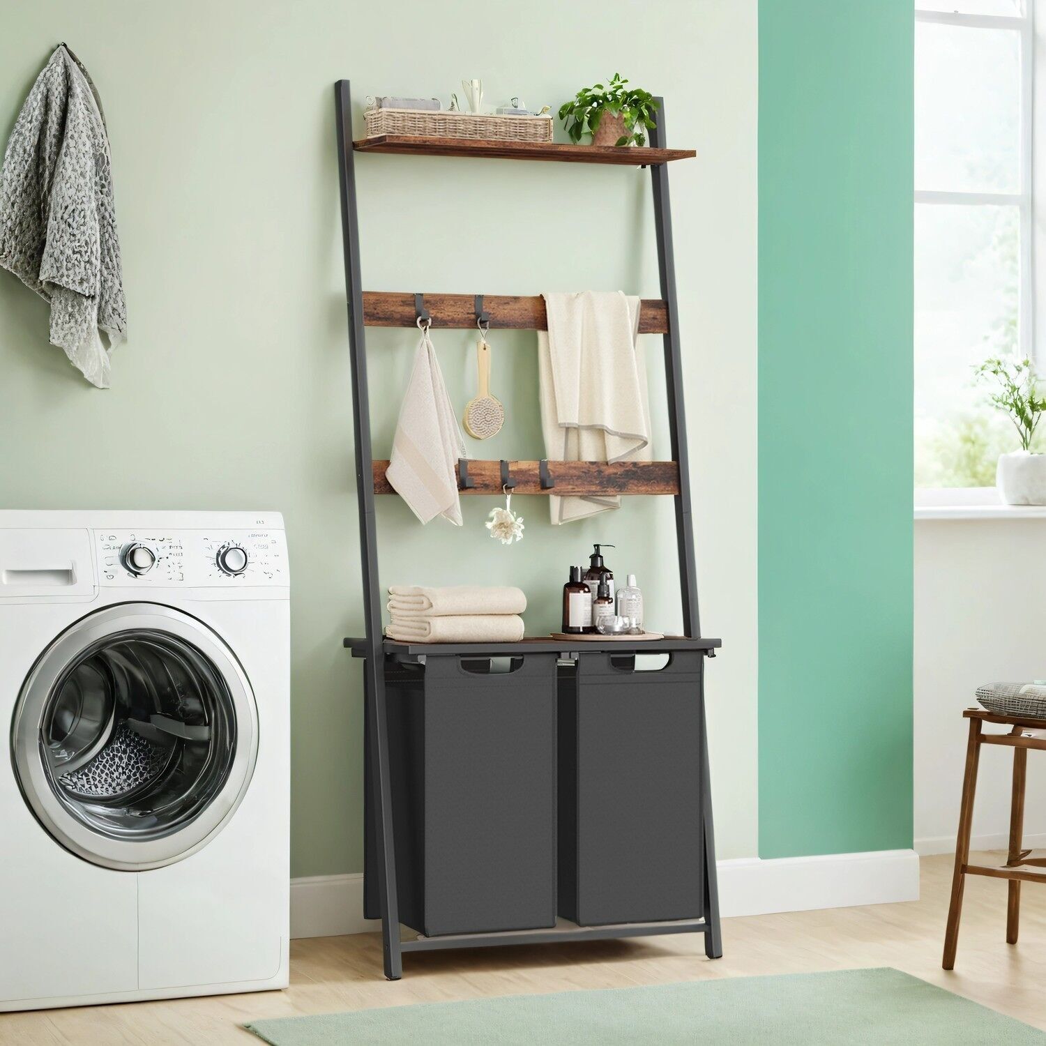 Cesto portabiancheria con scala portasciugamani vintage marrone-nero - 73 x 33 x 177 cm 1 pz.