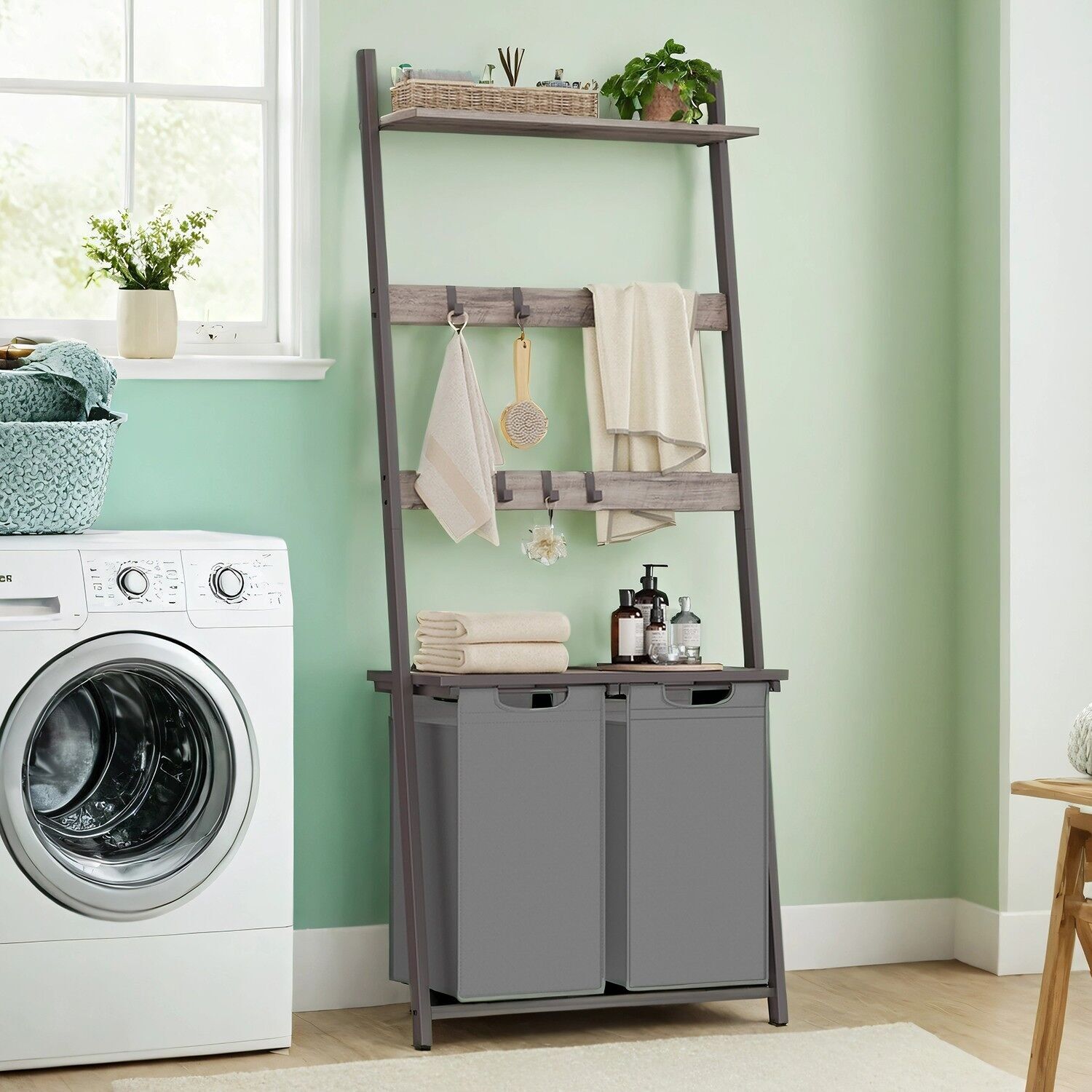 Cesto portabiancheria con scaletta portasciugamani mobile bagno grigio grigio - 73 x 33 x 177 cm 1