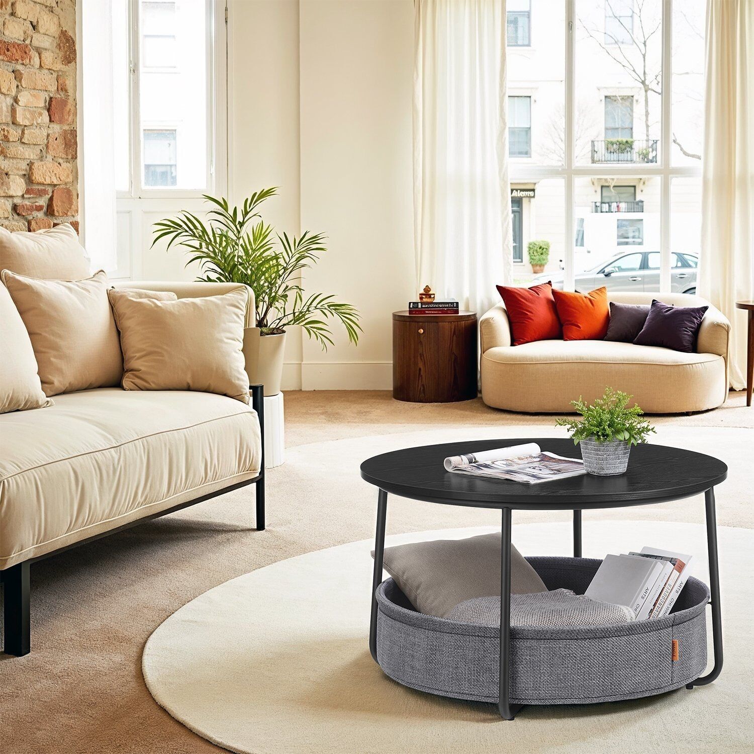 Tavolino con cestino in tessuto nero e grigio ardesia - 75 cm 1