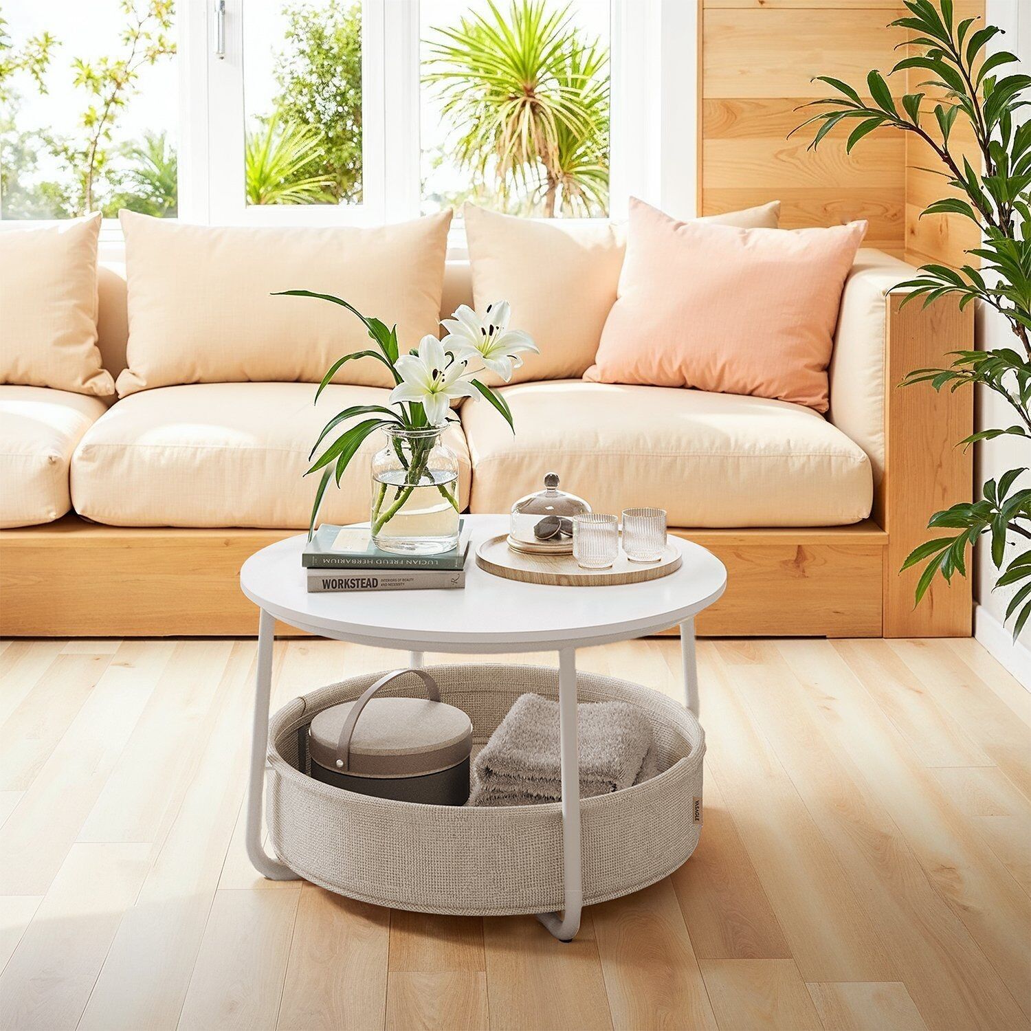 Tavolino con cestino in tessuto, bianco opaco-marrone cammello - 75 cm 1