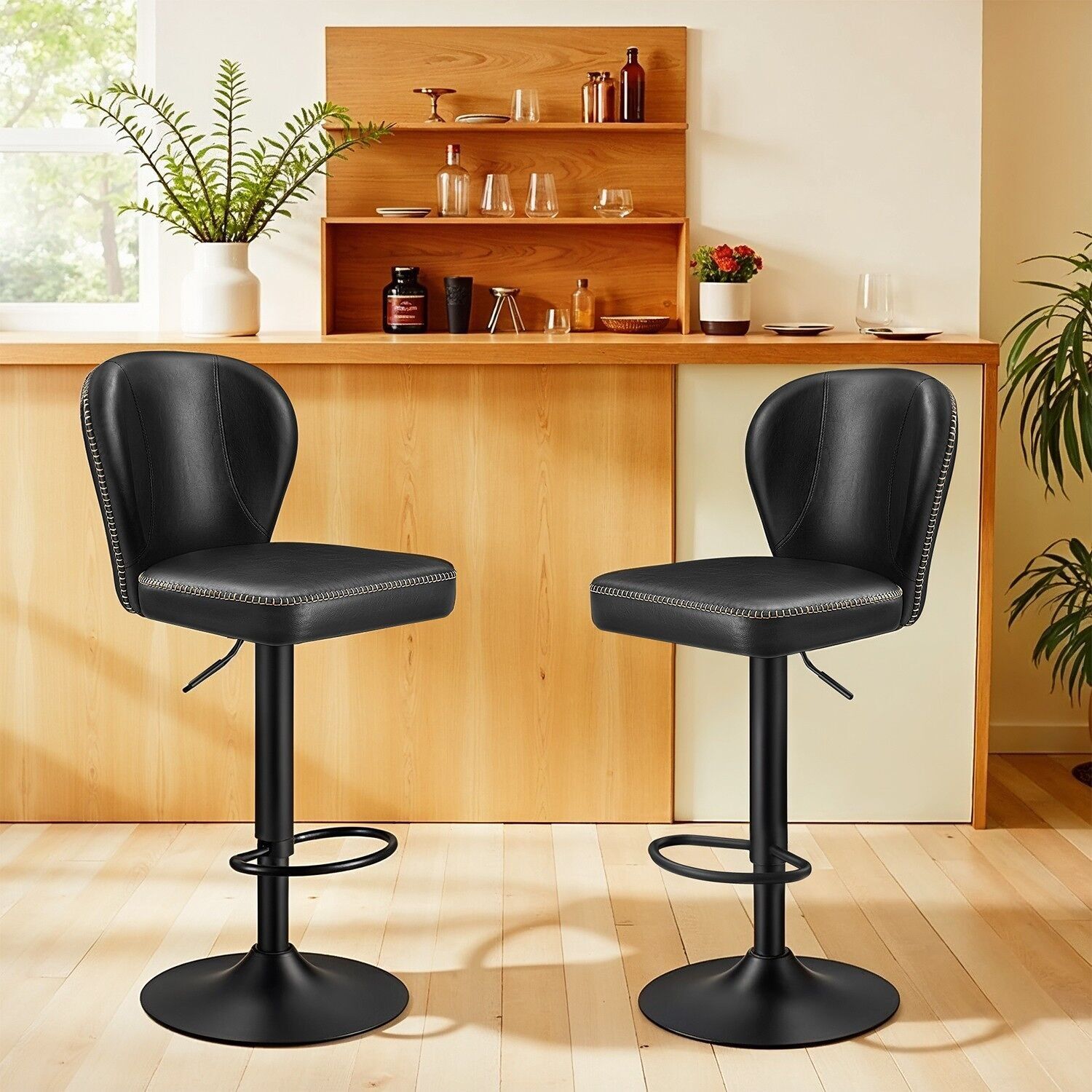 Set di sgabelli da bar con 2 sedie girevoli con coprischienale, nero - 42 x 49 x 94 cm