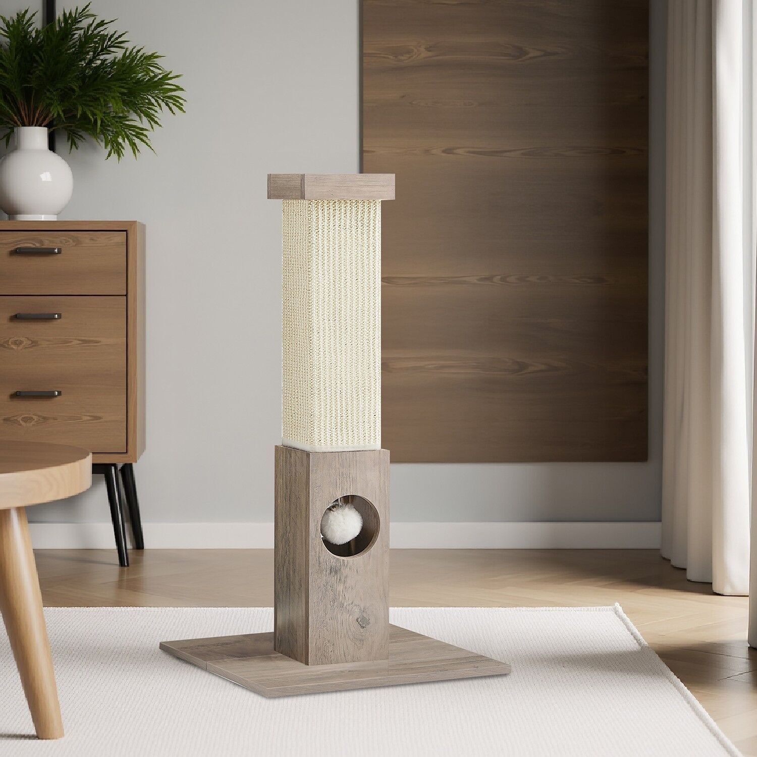 Tiragraffi in corda di sisal naturale con pallina di peluche - 73 cm 1