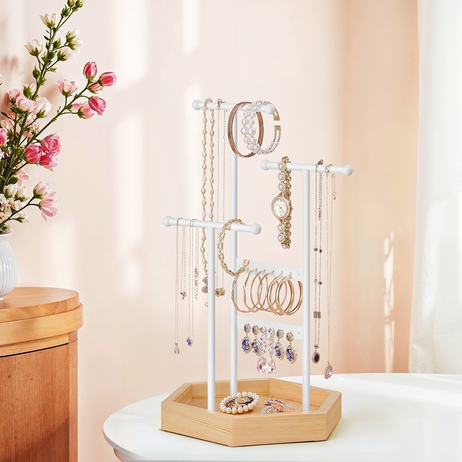 Portagioie in metallo e legno bianco - 20,5 x 18 x 36 cm 1