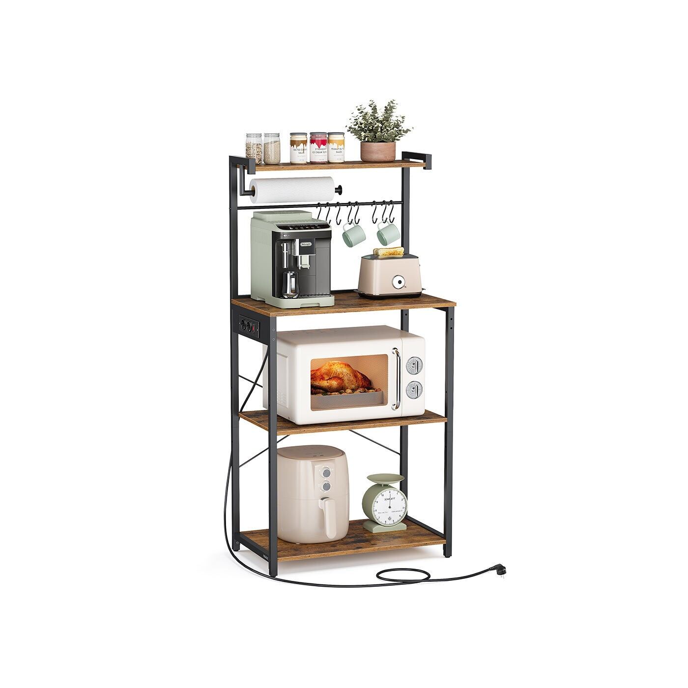 Mobile da cucina con spina e 4 paralumi Ebony Vintage Brown in nero – 40 x 60 x 140 cm