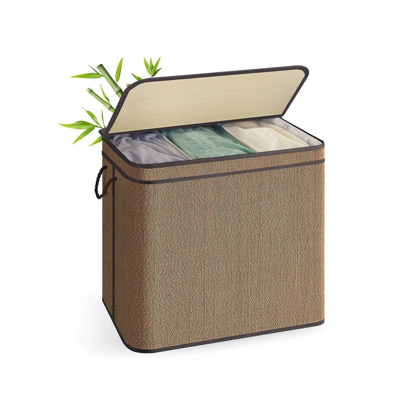 Cesto portabiancheria in bambù da 170 litri con 3 scomparti e coperchio marrone - 67 x 44 x 61 cm