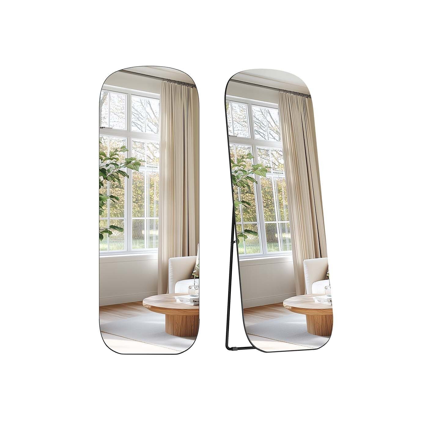 Specchio a figura intera, 160 x 50 cm, specchio da appoggio con bordi arrotondati, cornice con gambe in alluminio, vetro a forma di cuore, per camera da letto, soggiorno, guardaroba, colorato